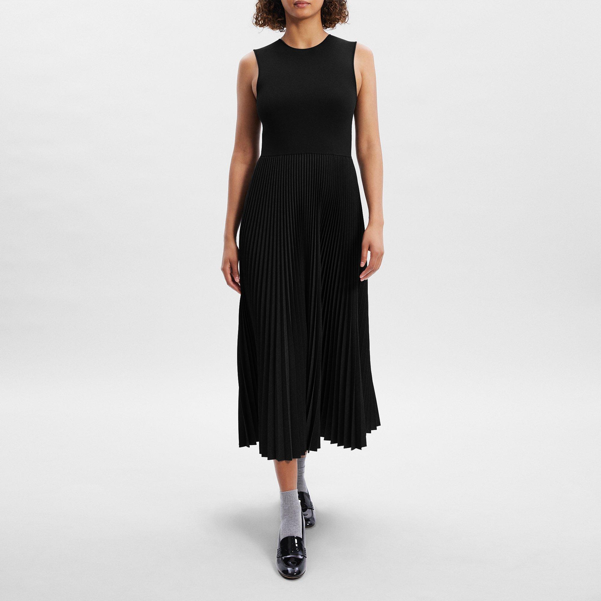 Pleated Combo Dress in Stretch Wool-Blend