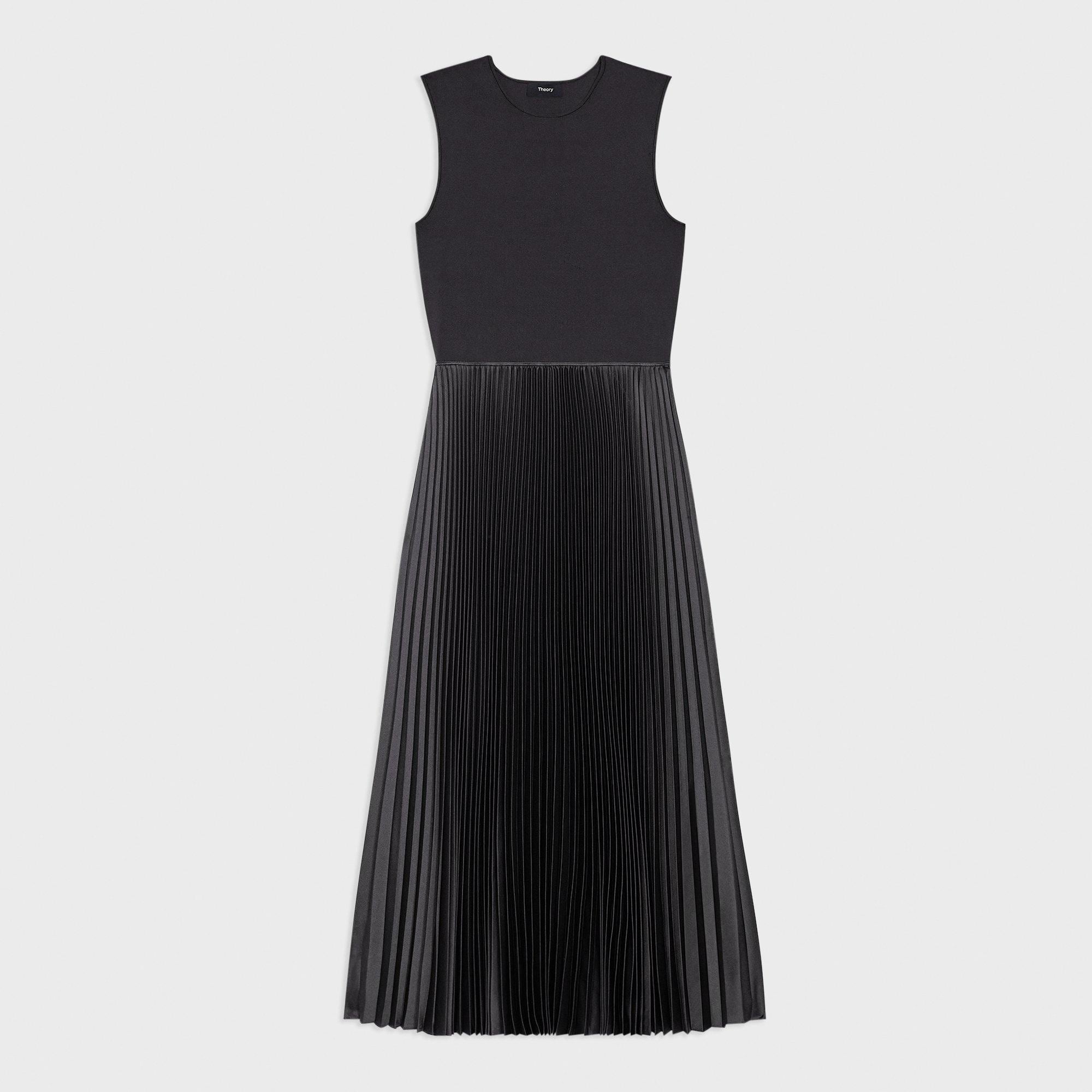 Pleated Combo Dress in Stretch Wool-Blend