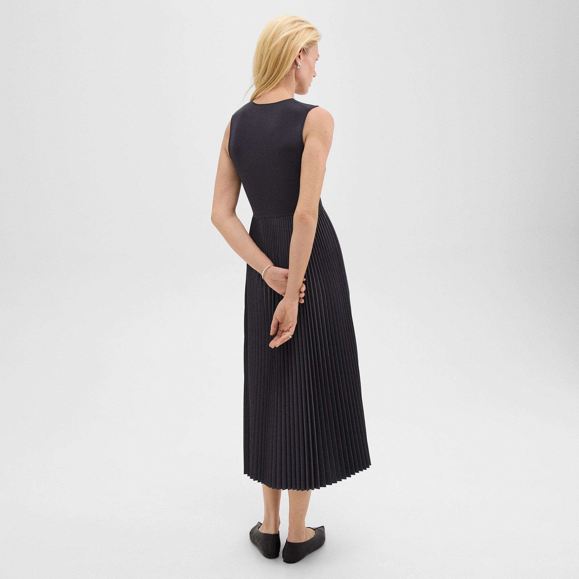 Pleated Combo Dress in Stretch Wool-Blend