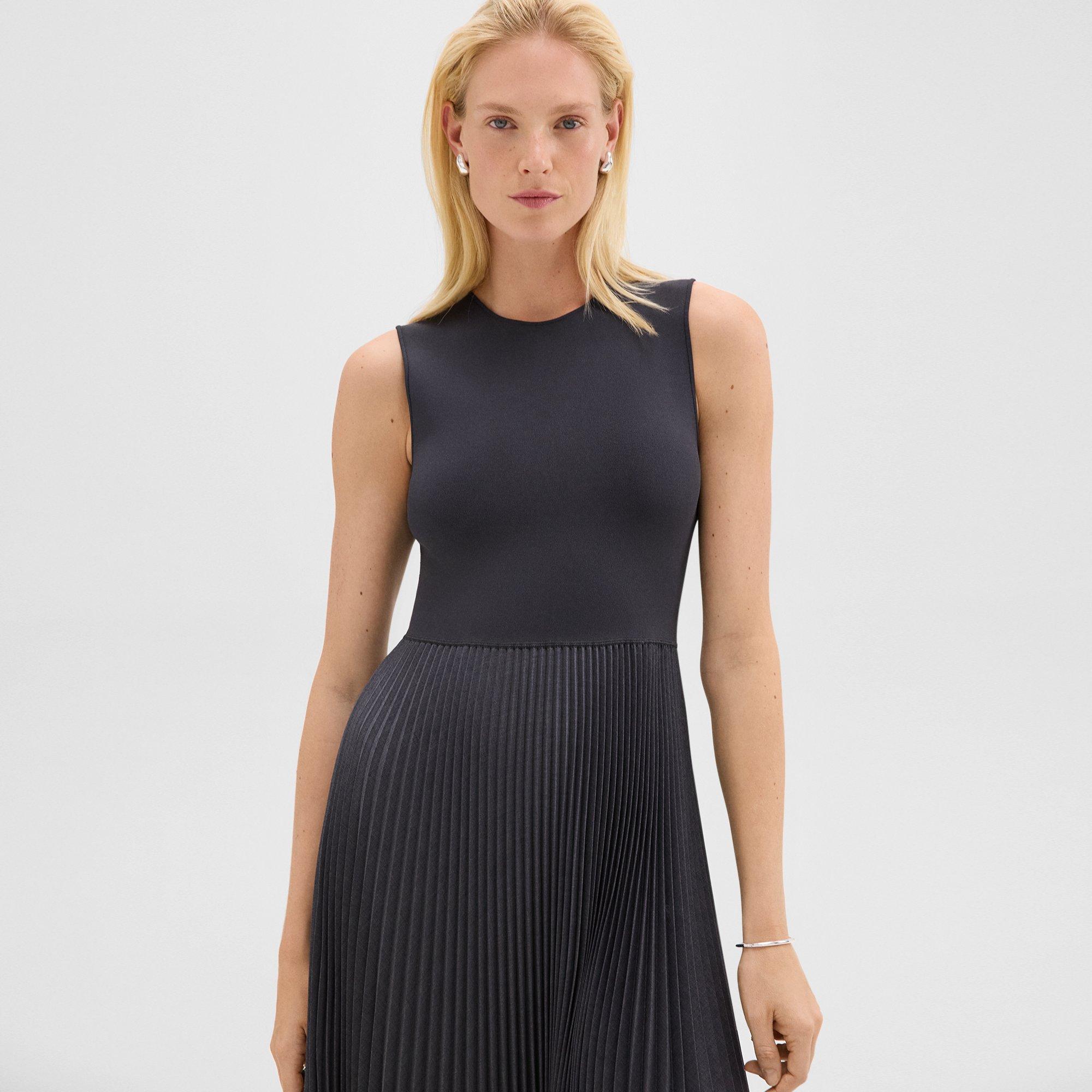 Pleated Combo Dress in Stretch Wool-Blend