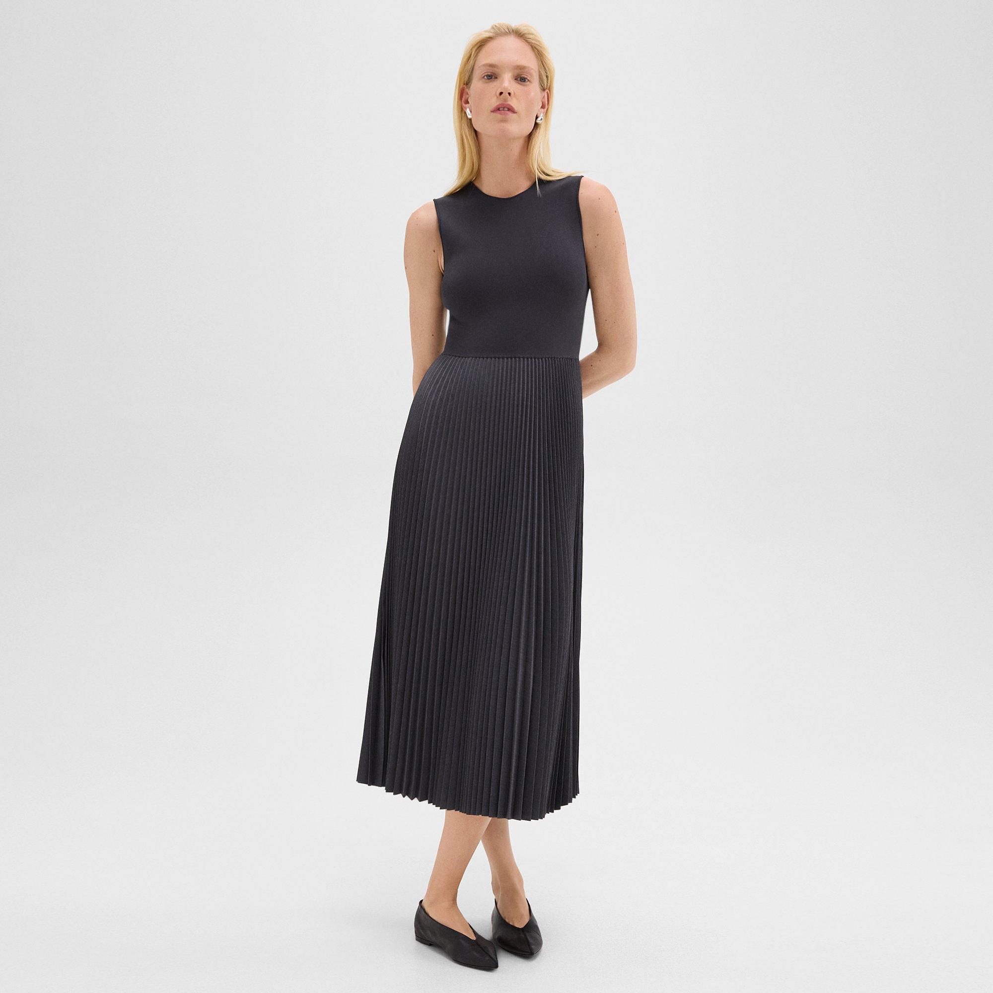 Pleated Combo Dress in Stretch Wool-Blend