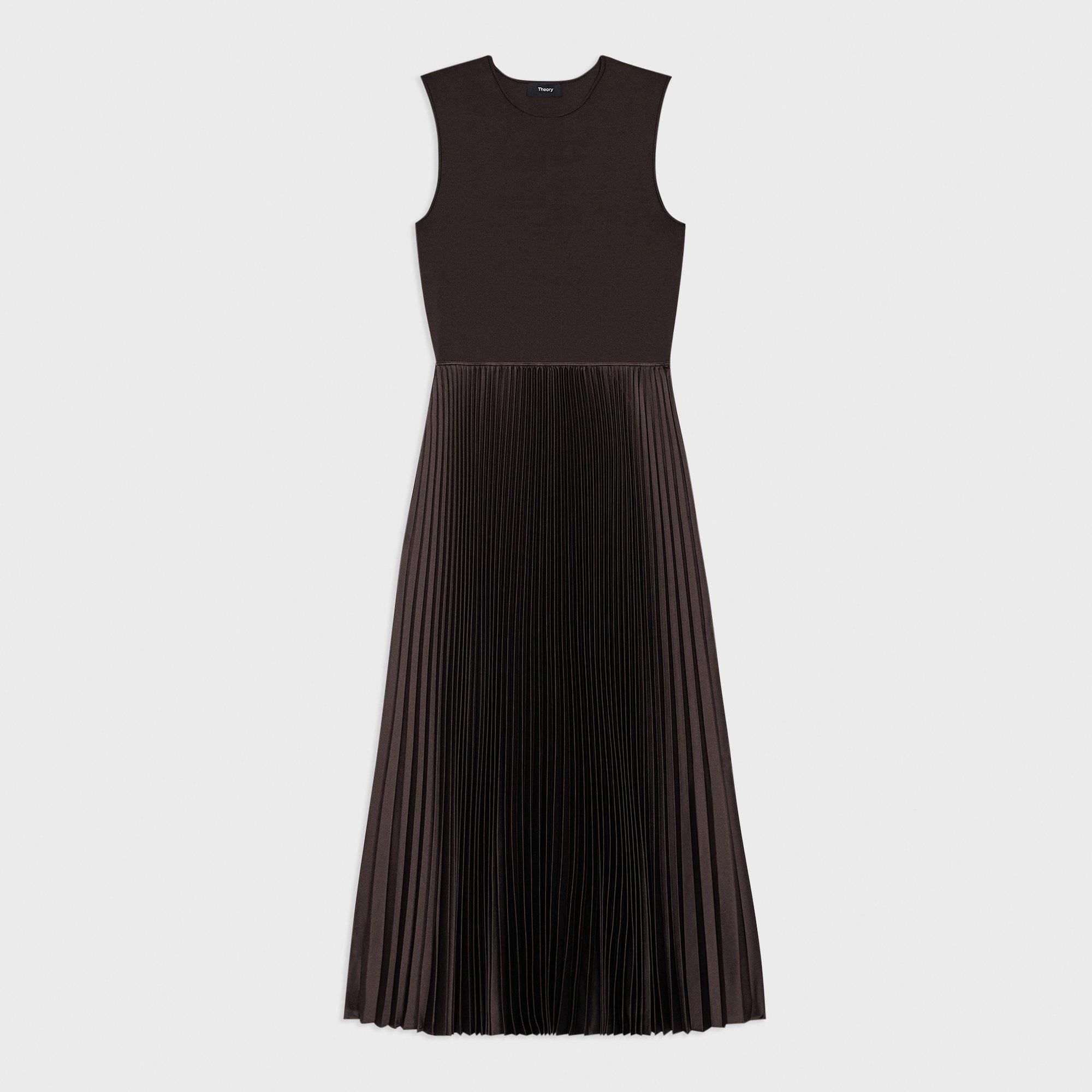 Pleated Combo Dress in Stretch Wool-Blend