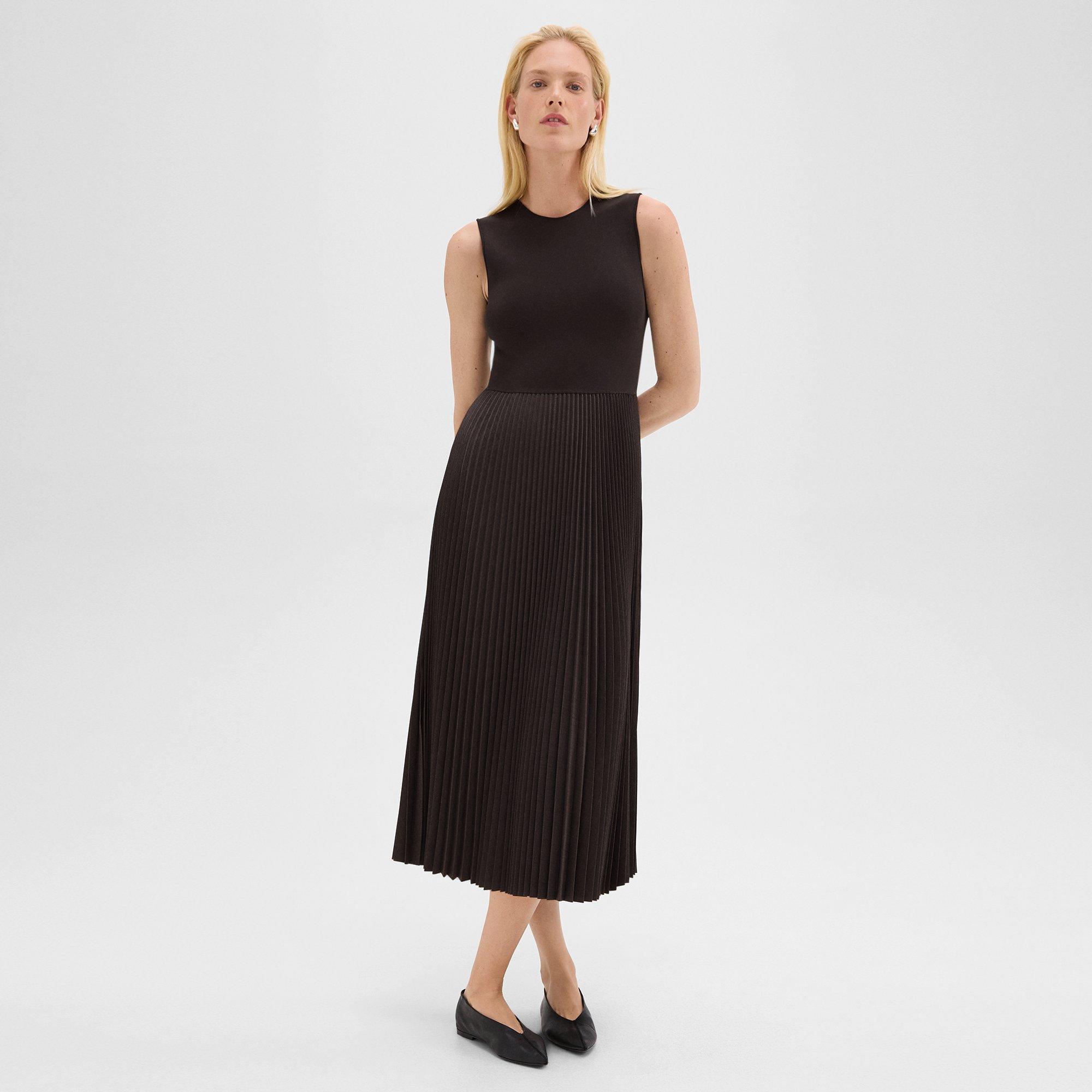 Pleated Combo Dress in Stretch Wool-Blend