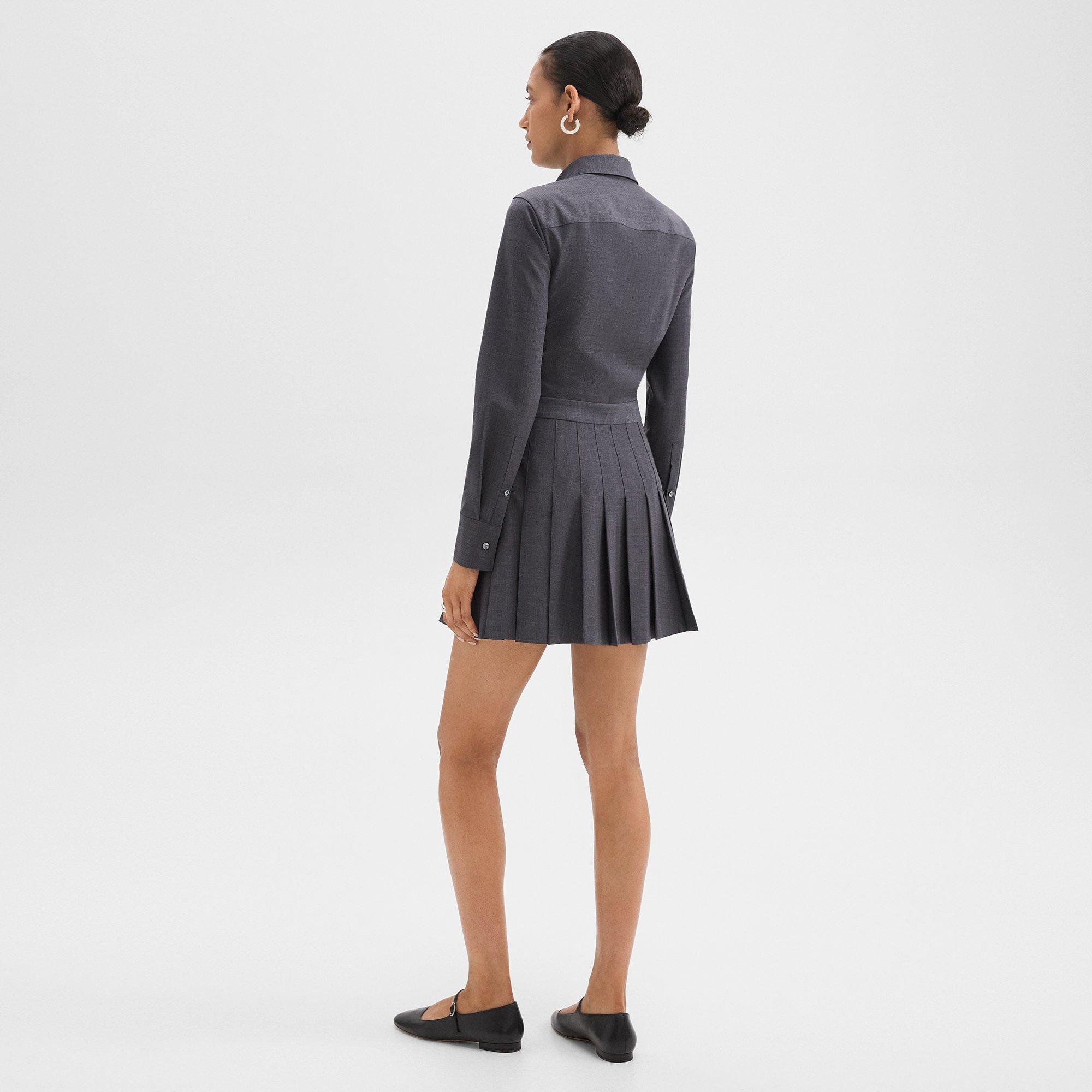 Pleated Mini Shirt Dress in Stretch Wool-Blend