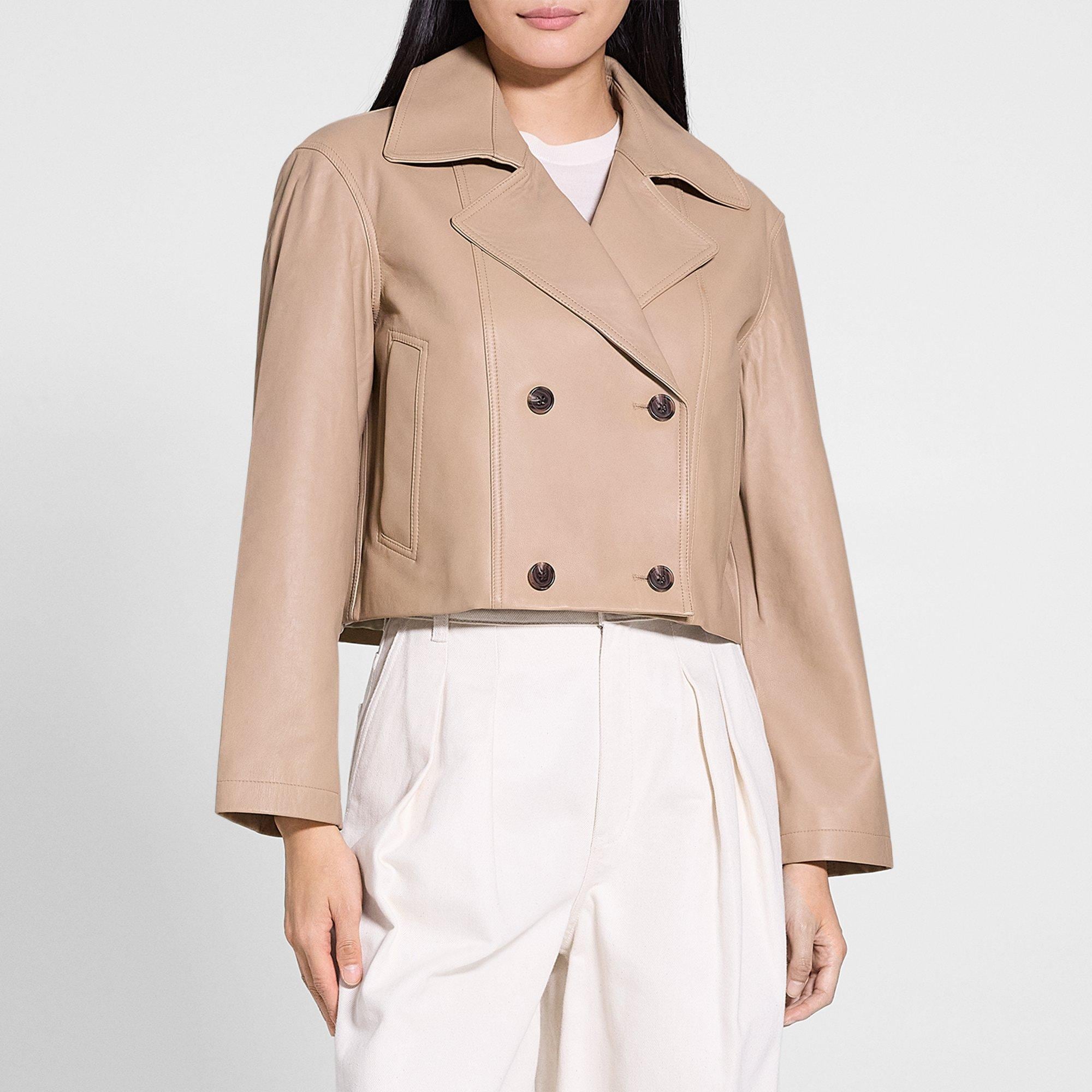 Double-Breasted Crop Trench in Leather