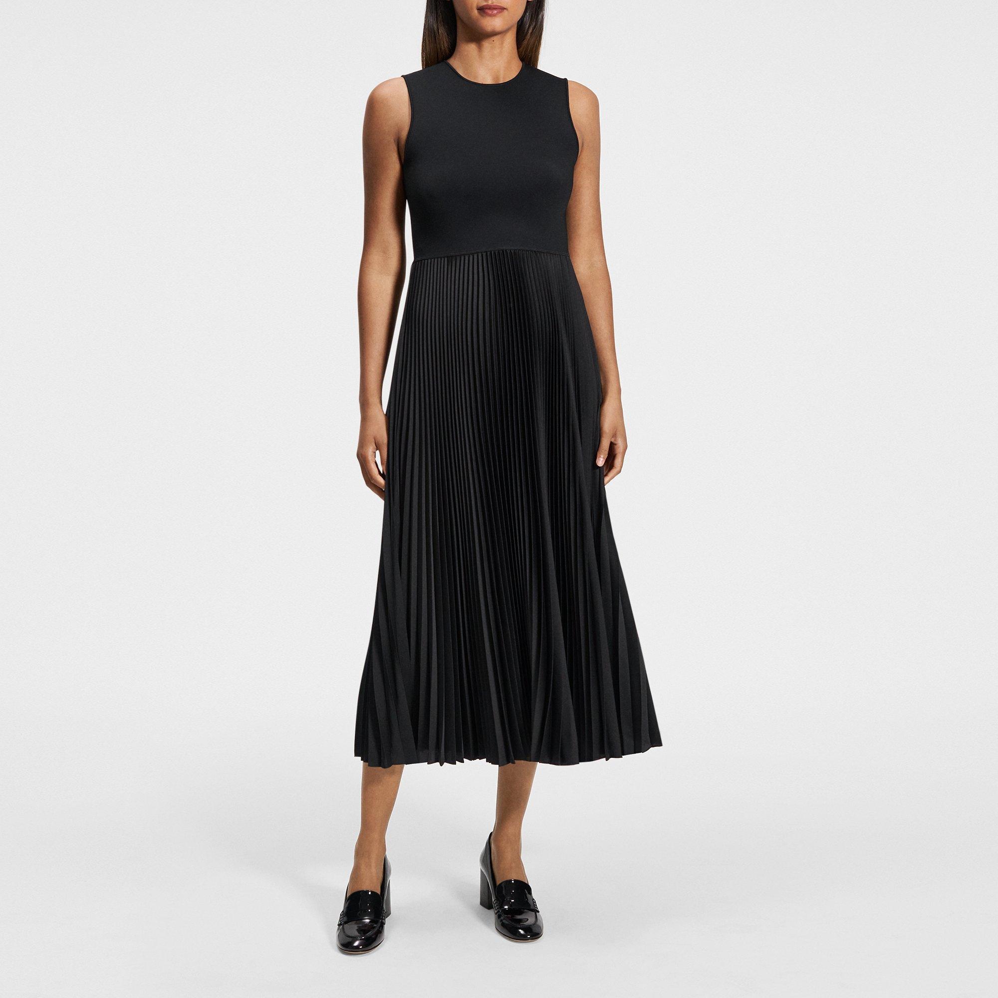 Pleated Combo Dress in Textured Satin