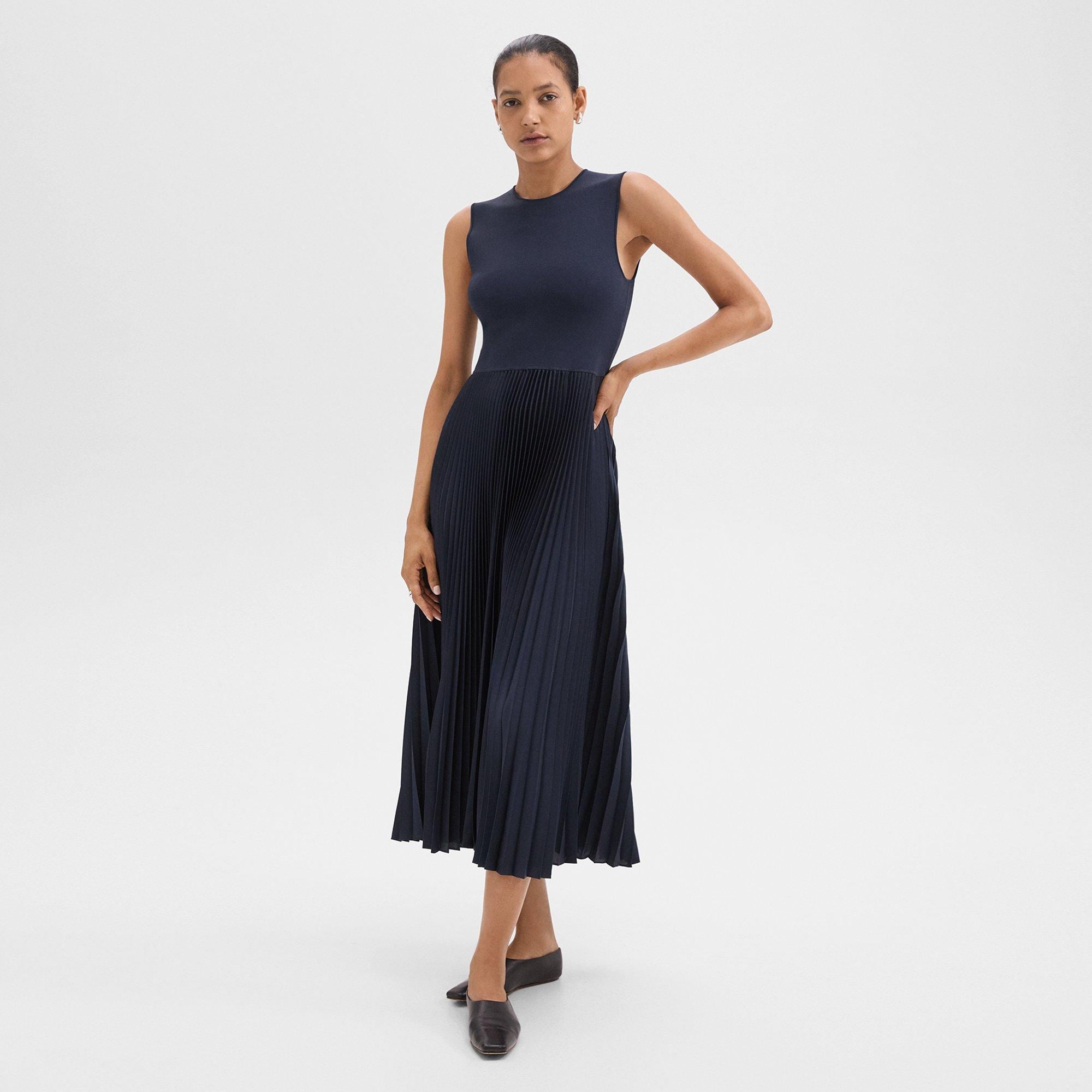 Pleated Combo Dress in Textured Satin