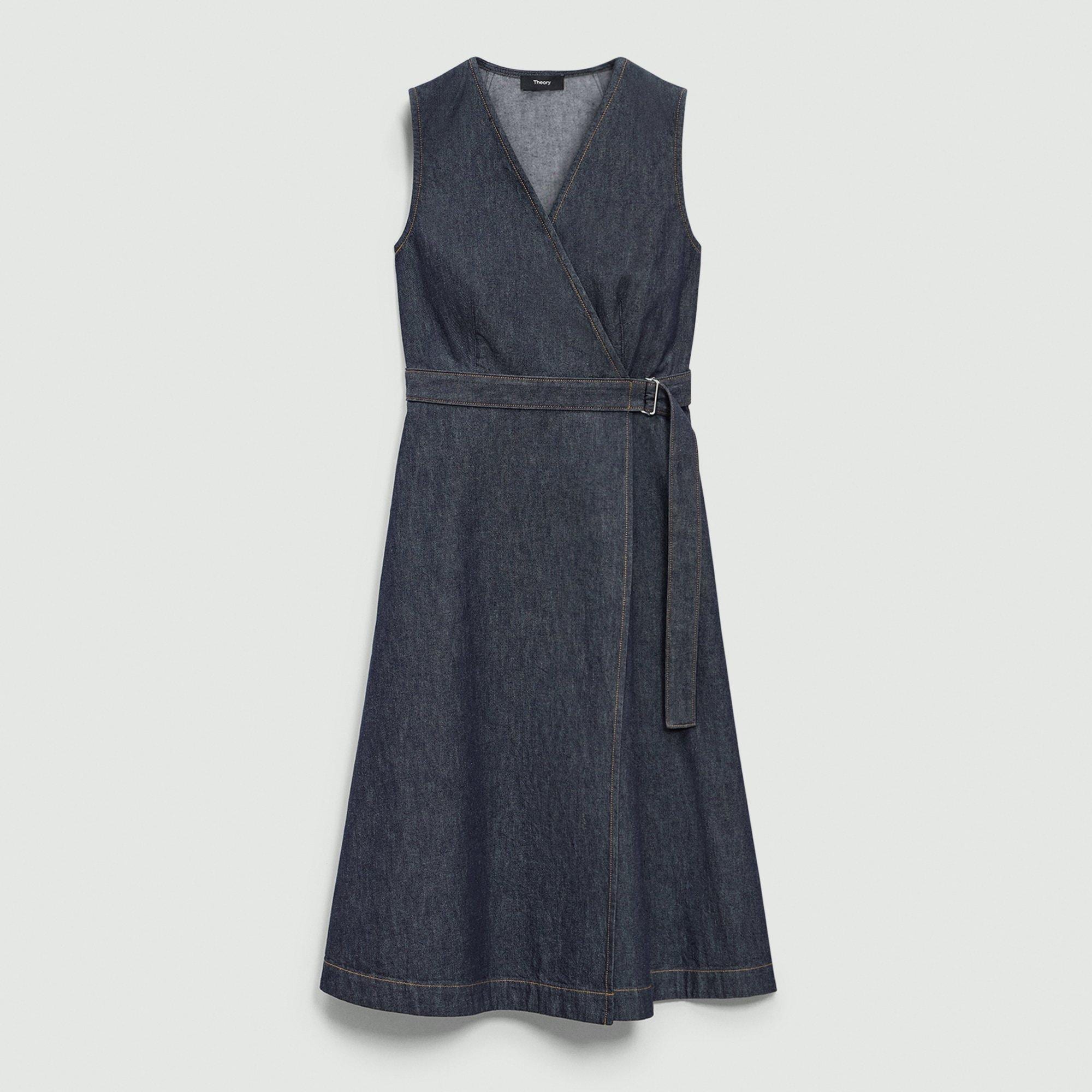 Sleeveless A-Line Wrap Dress in Denim