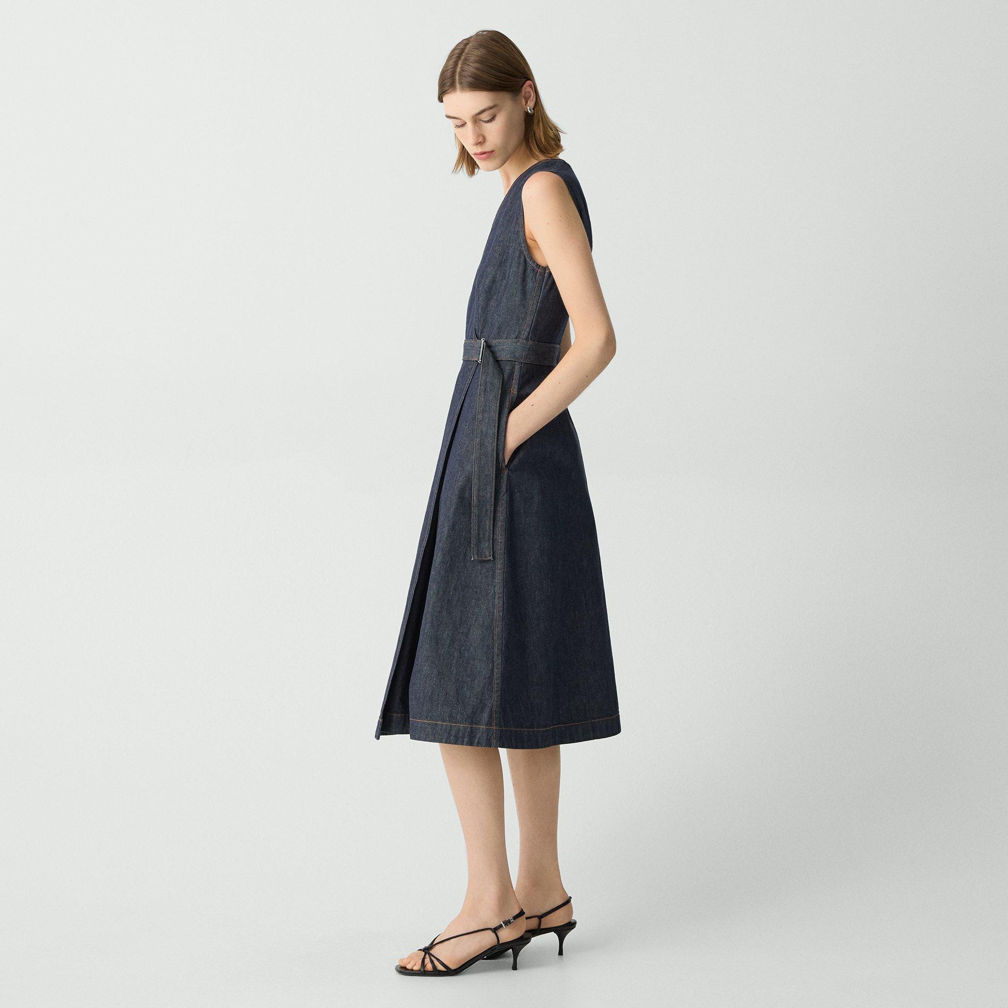 Sleeveless A-Line Wrap Dress in Denim