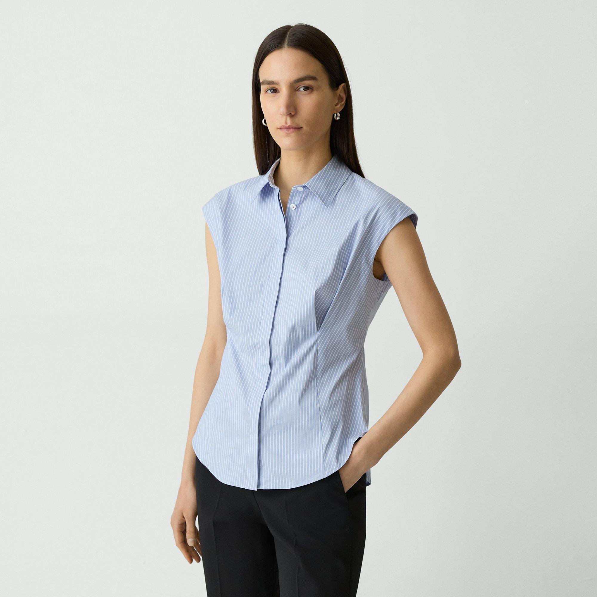 Cinched Cap-Sleeve Shirt in Striped Cotton-Blend