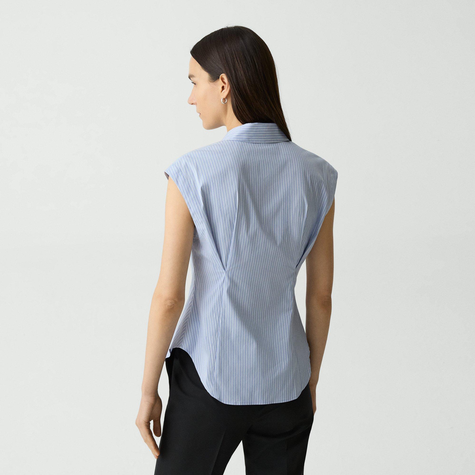 Cinched Cap-Sleeve Shirt in Striped Cotton-Blend