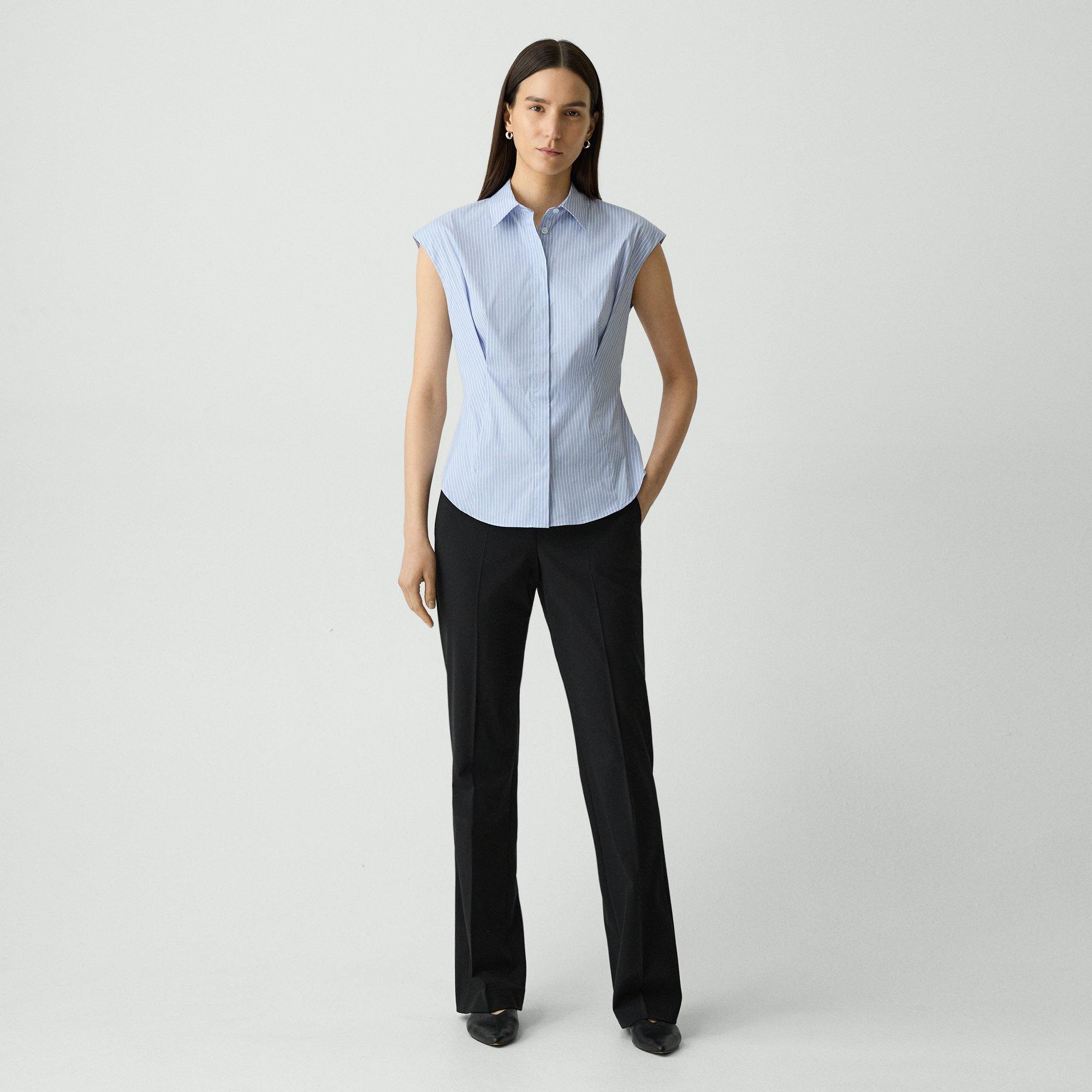 Cinched Cap-Sleeve Shirt in Striped Cotton-Blend