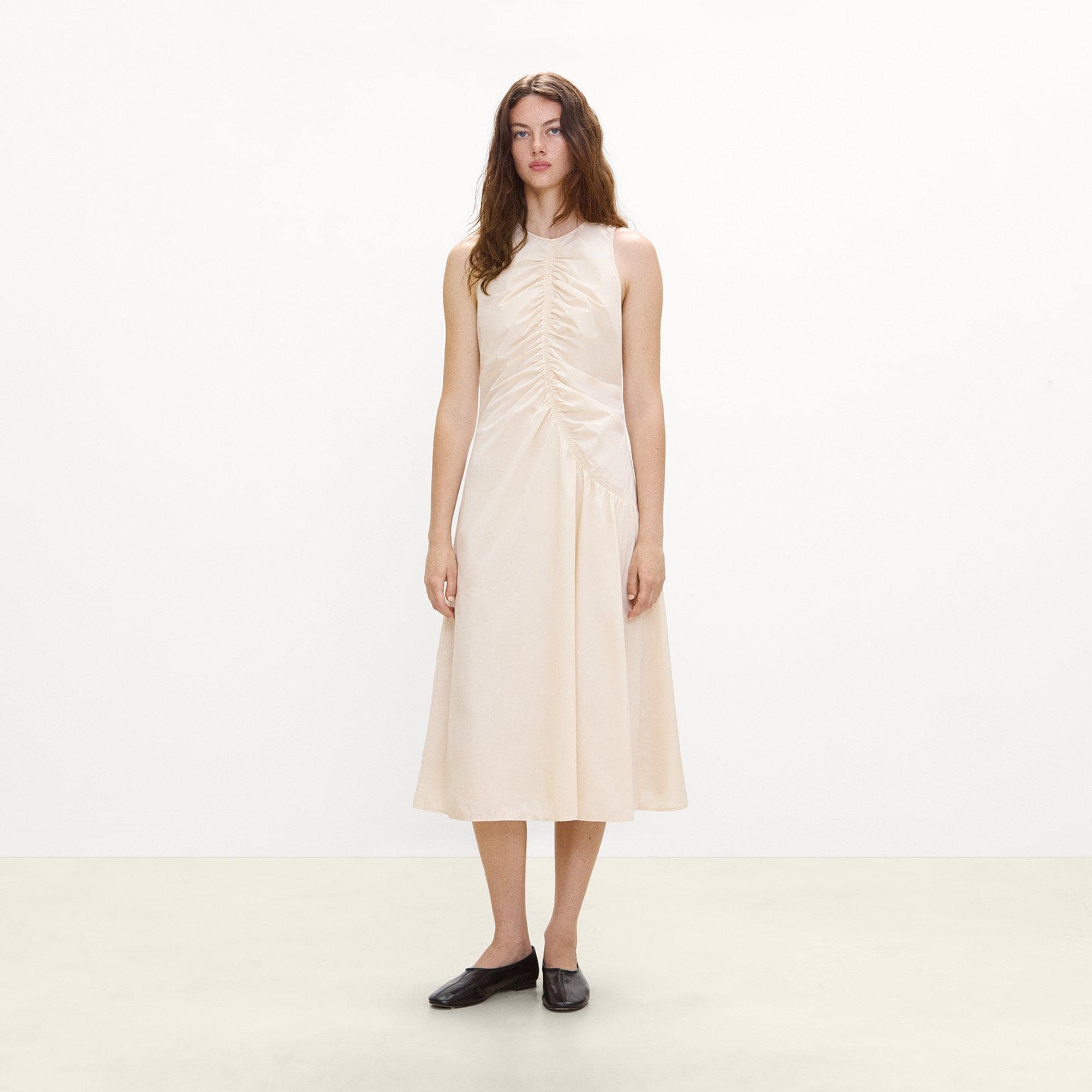 Ruched Asymmetrical Midi Dress in Cotton-Blend