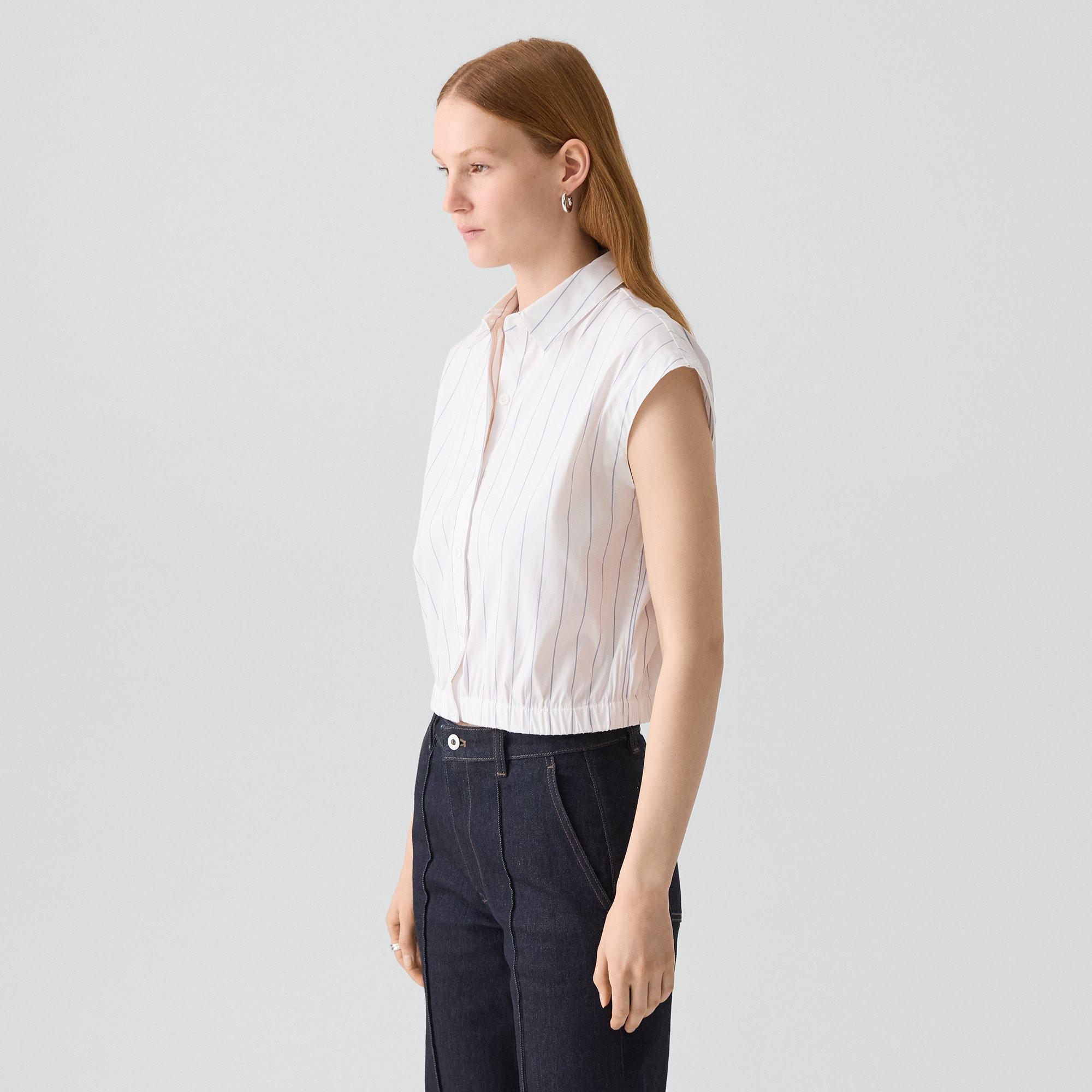 Cap-Sleeve Shirt in Striped Poplin