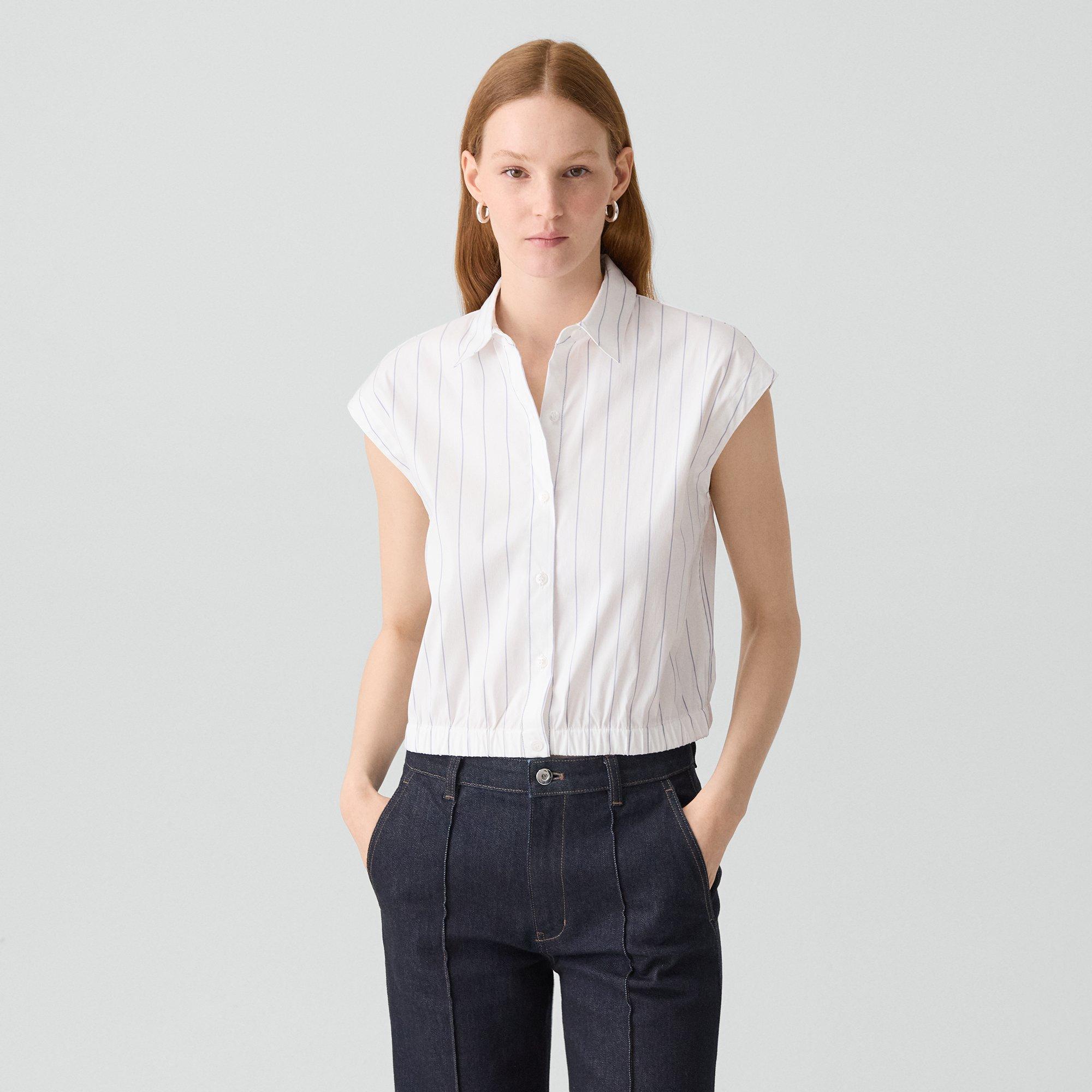 Cap-Sleeve Shirt in Striped Poplin