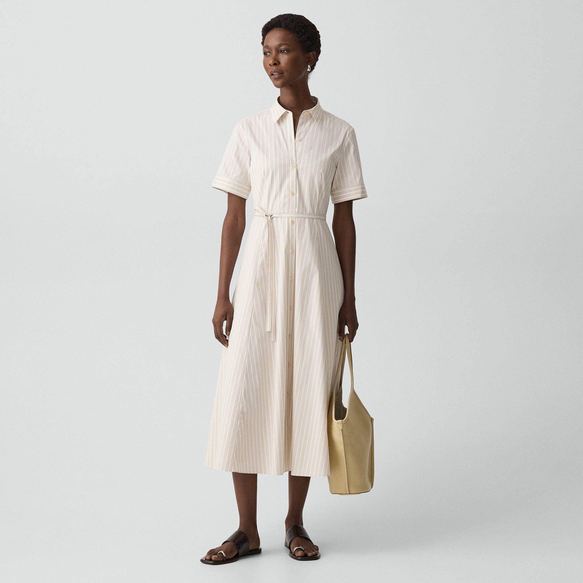 Belted Shirt Dress in Striped Cotton-Blend
