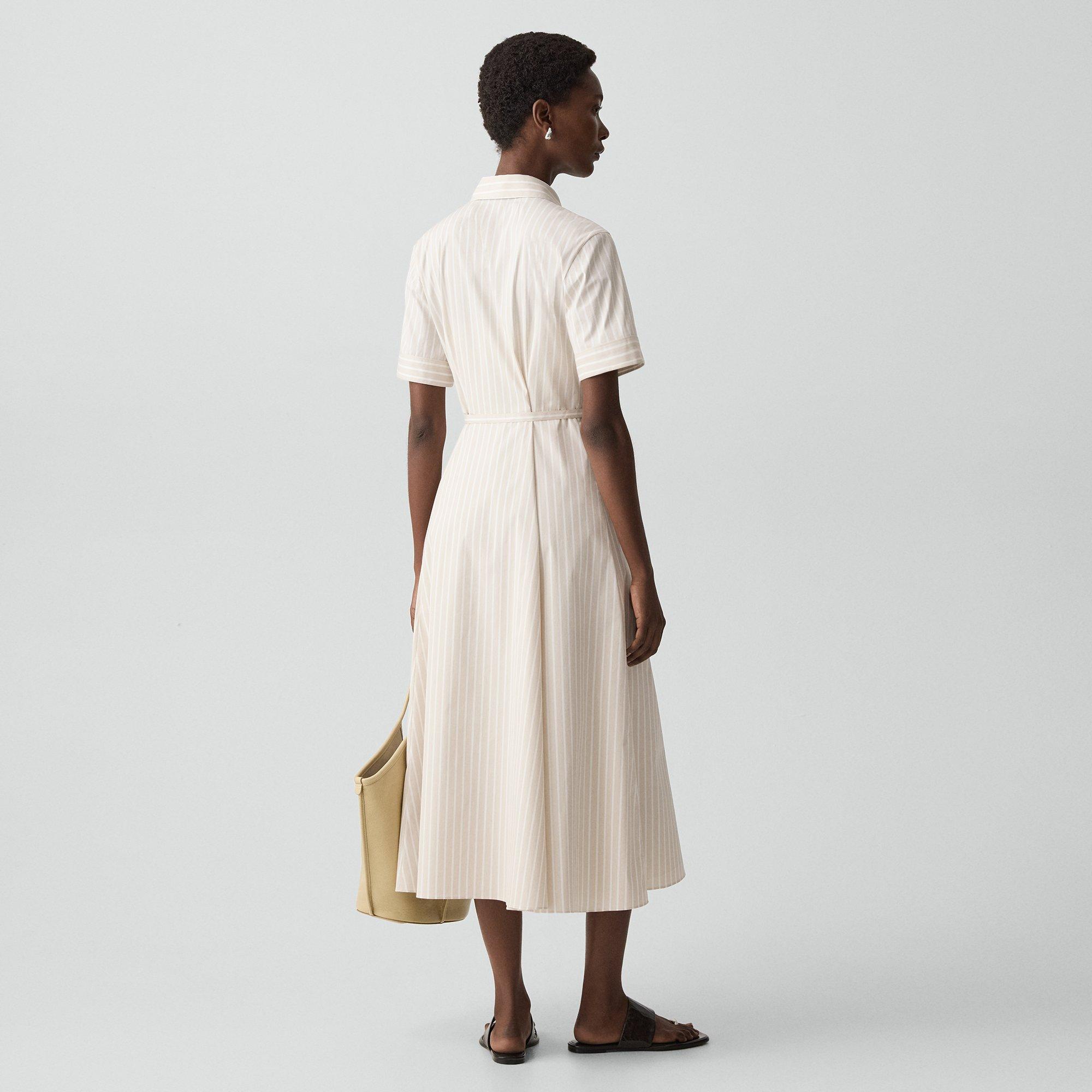 Belted Shirt Dress in Striped Cotton-Blend