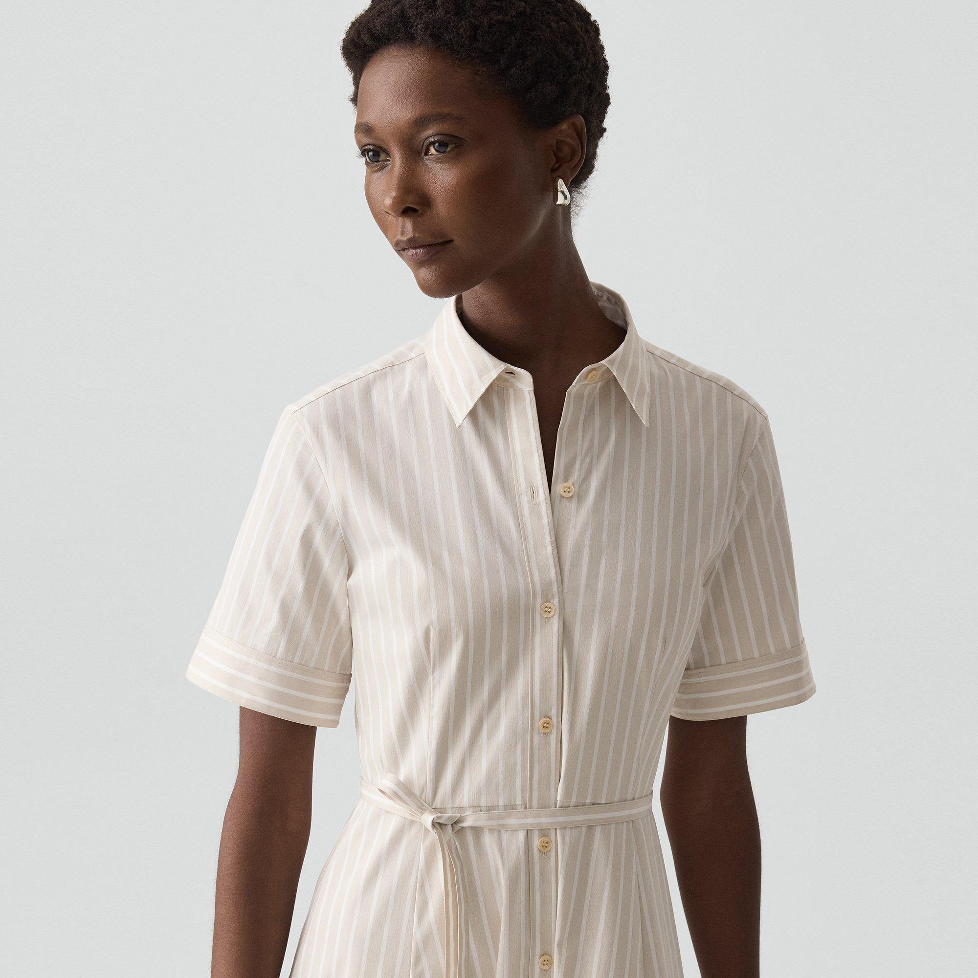 Belted Shirt Dress in Striped Cotton-Blend
