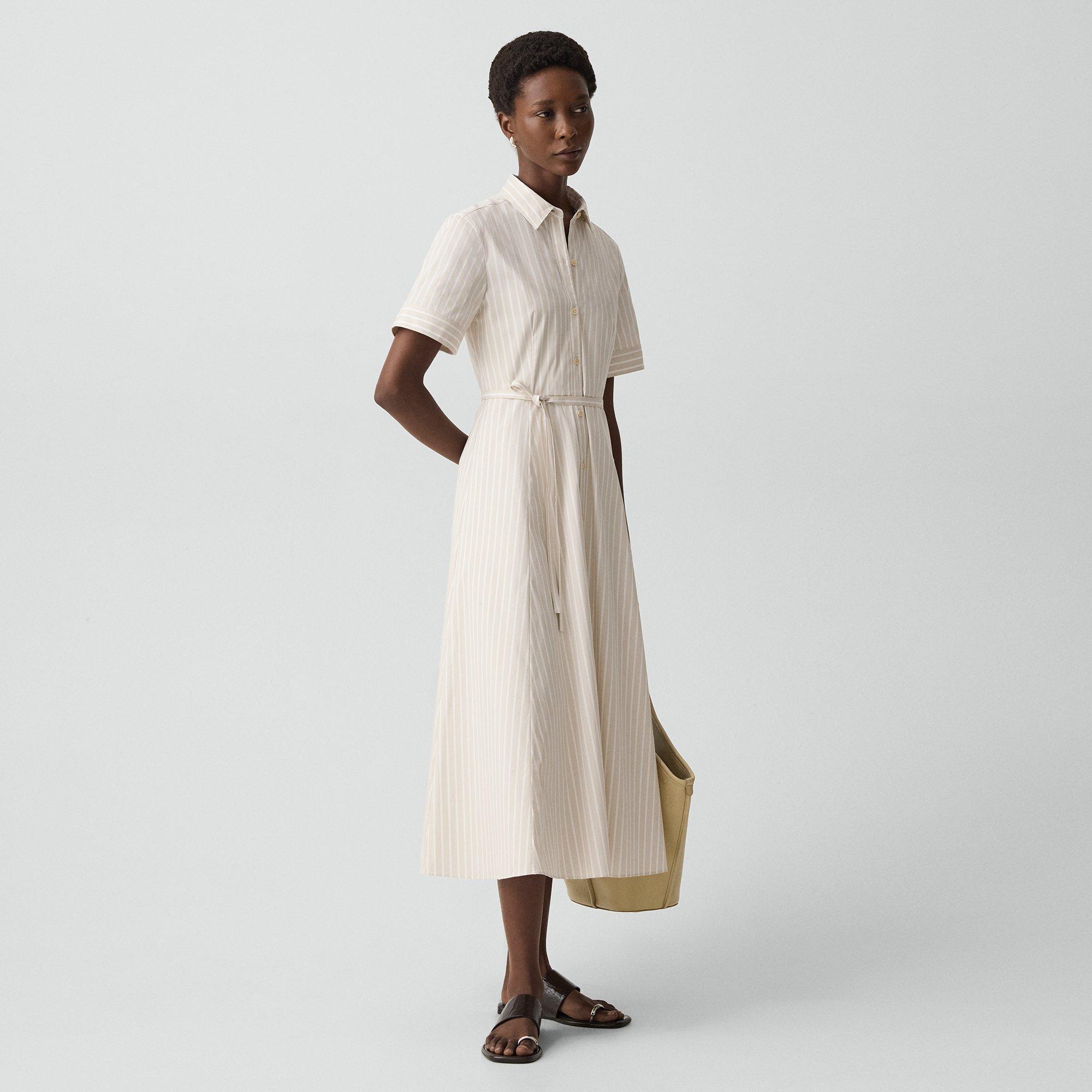 Belted Shirt Dress in Striped Cotton-Blend
