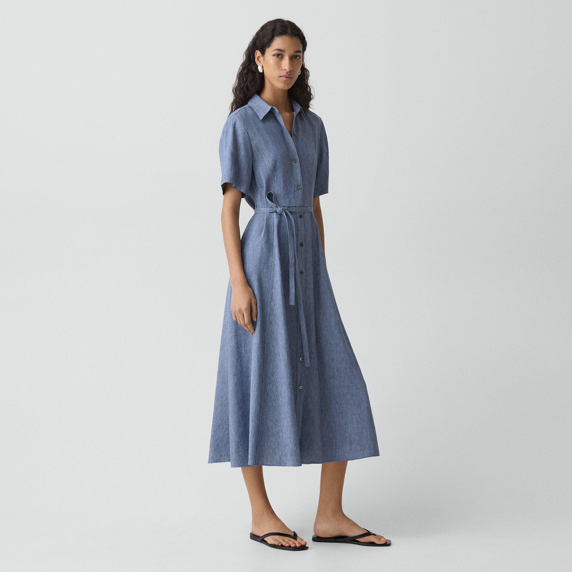 Belted Shirt Dress in Fluid Linen
