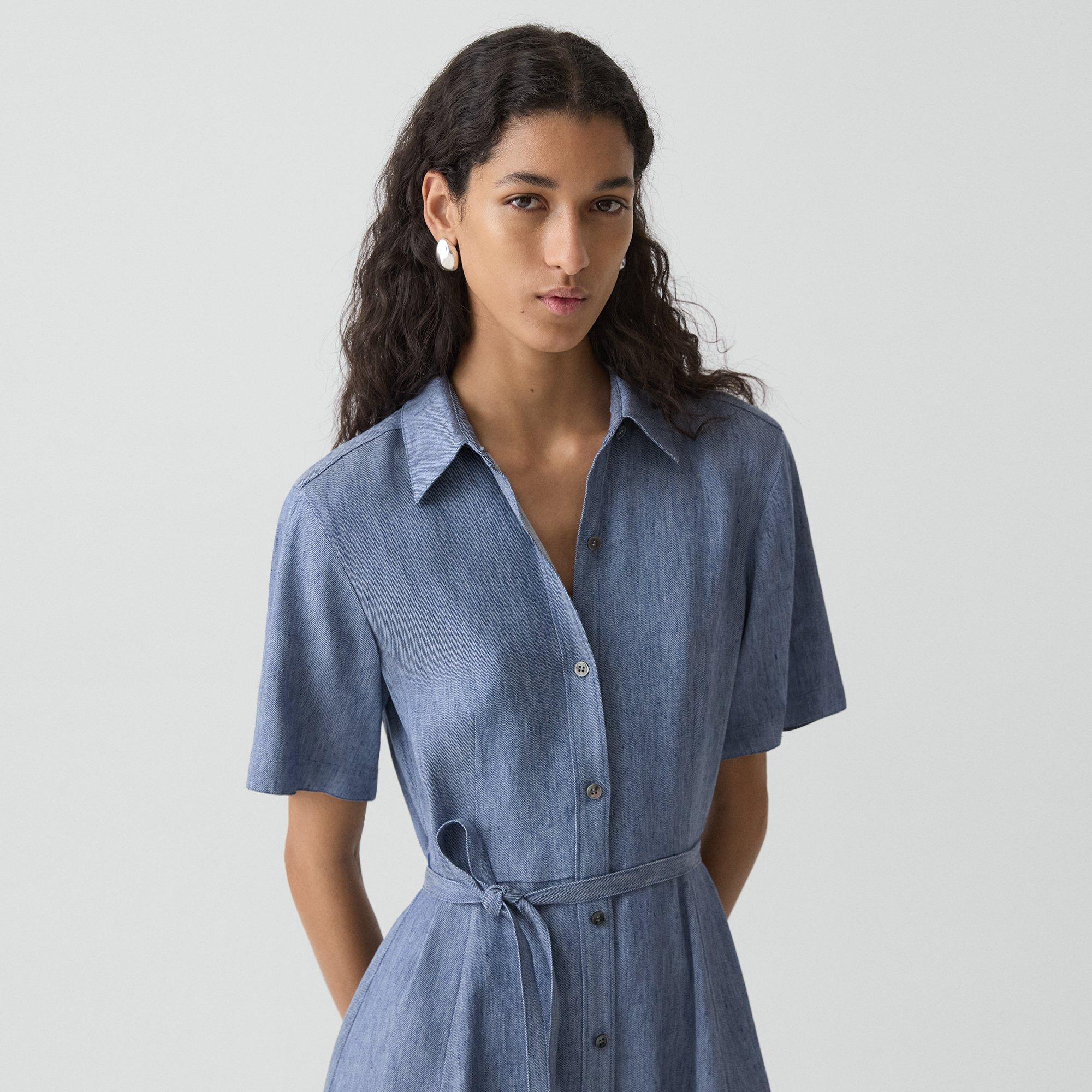 Belted Shirt Dress in Fluid Linen