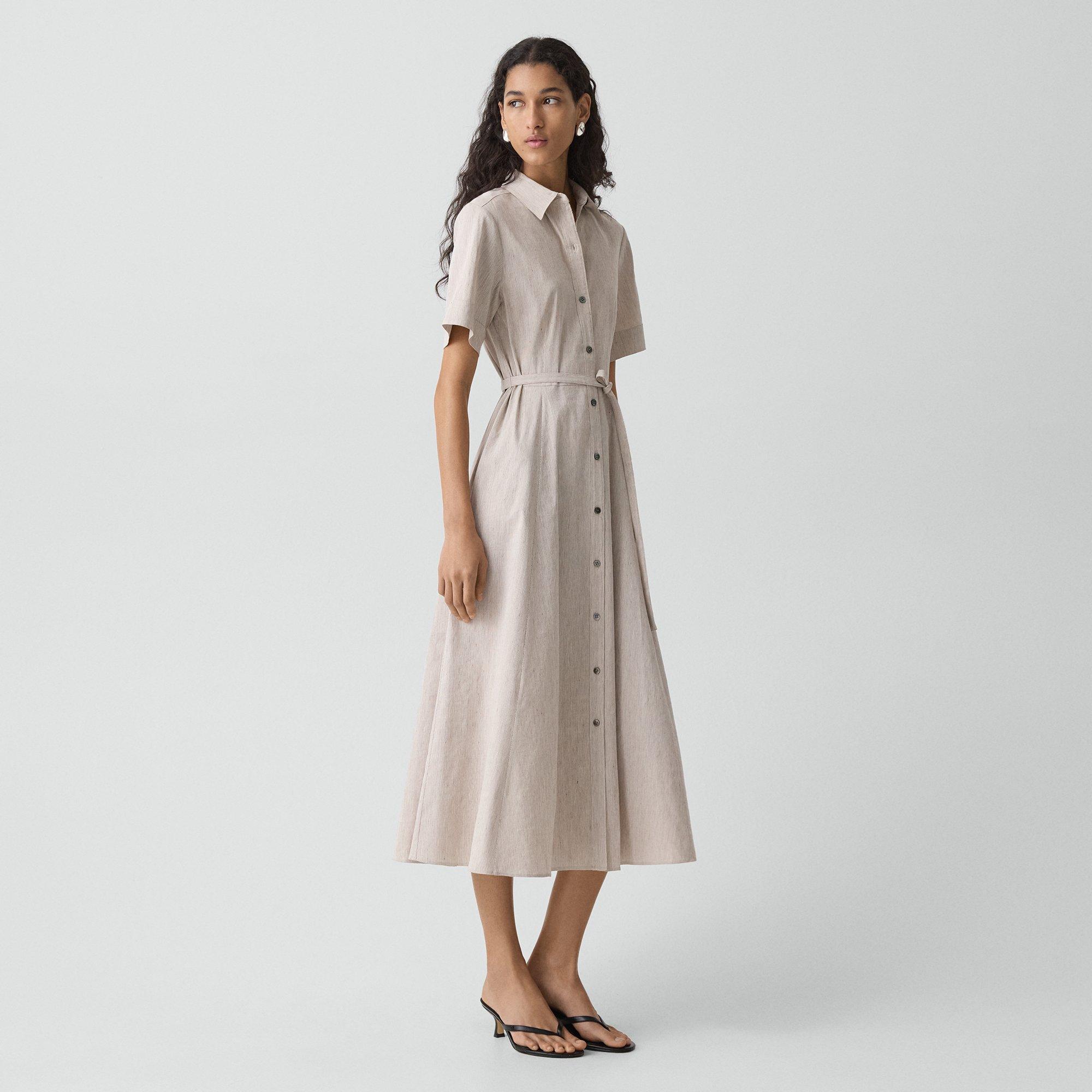 Belted Shirt Dress in Textured Linen