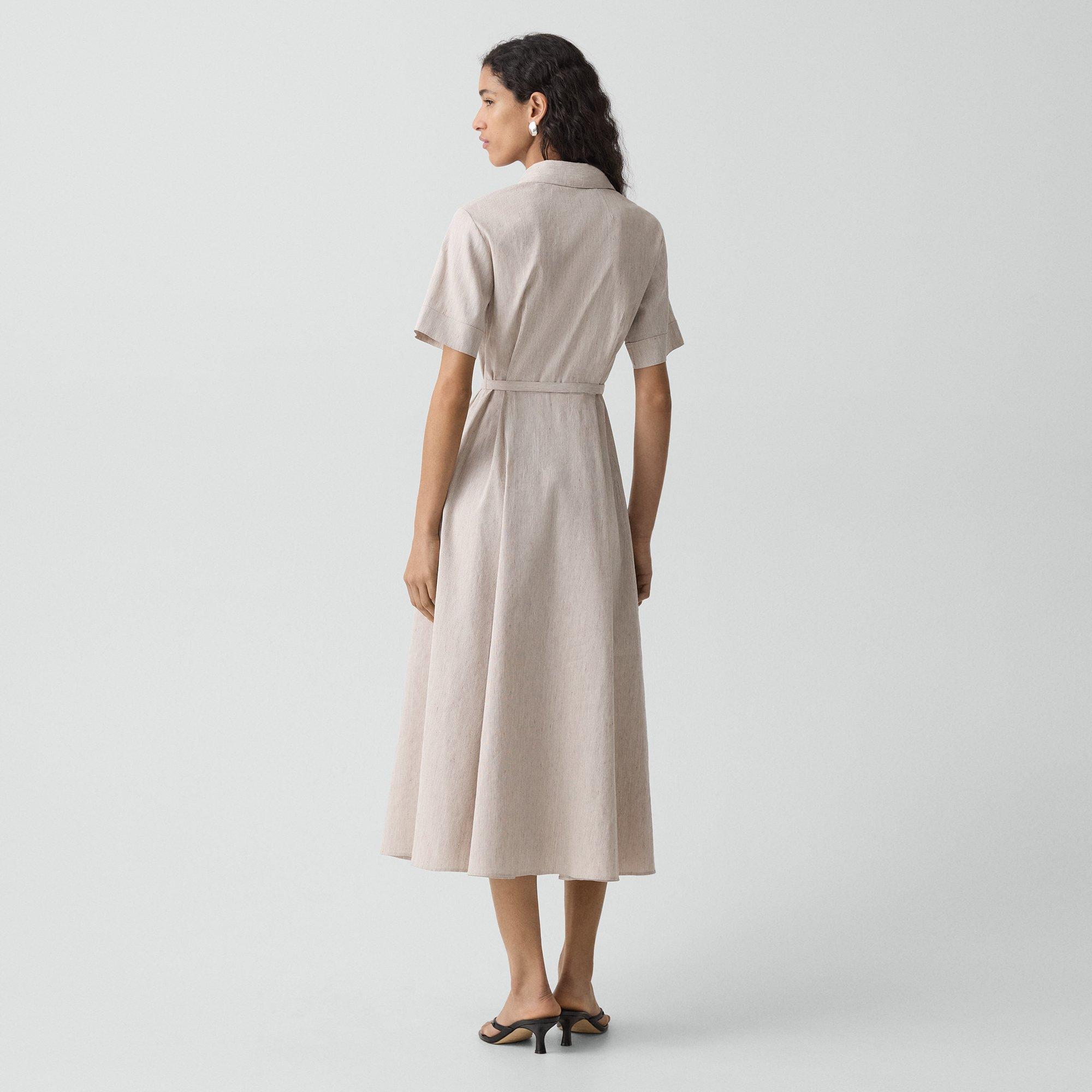 Belted Shirt Dress in Textured Linen