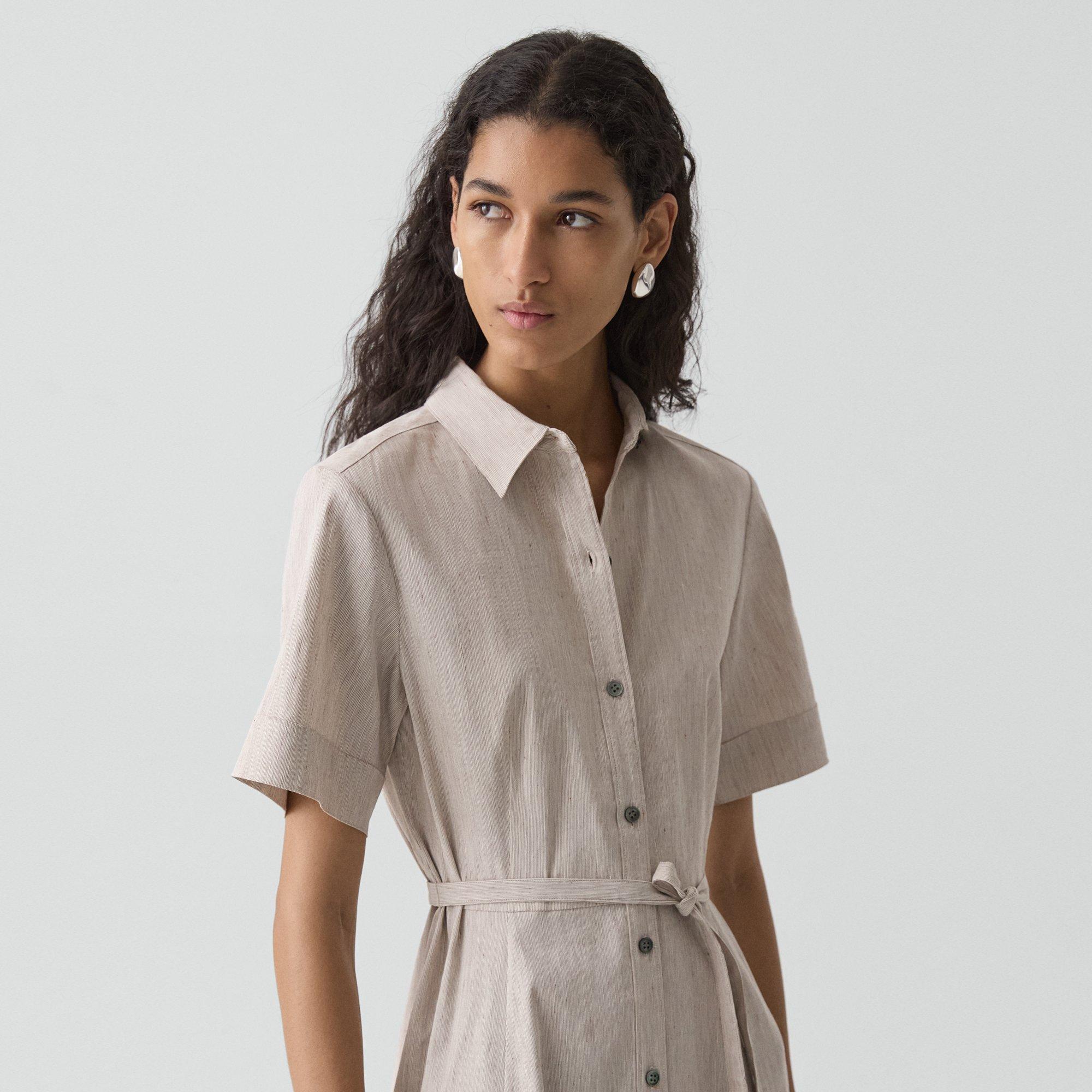 Belted Shirt Dress in Textured Linen