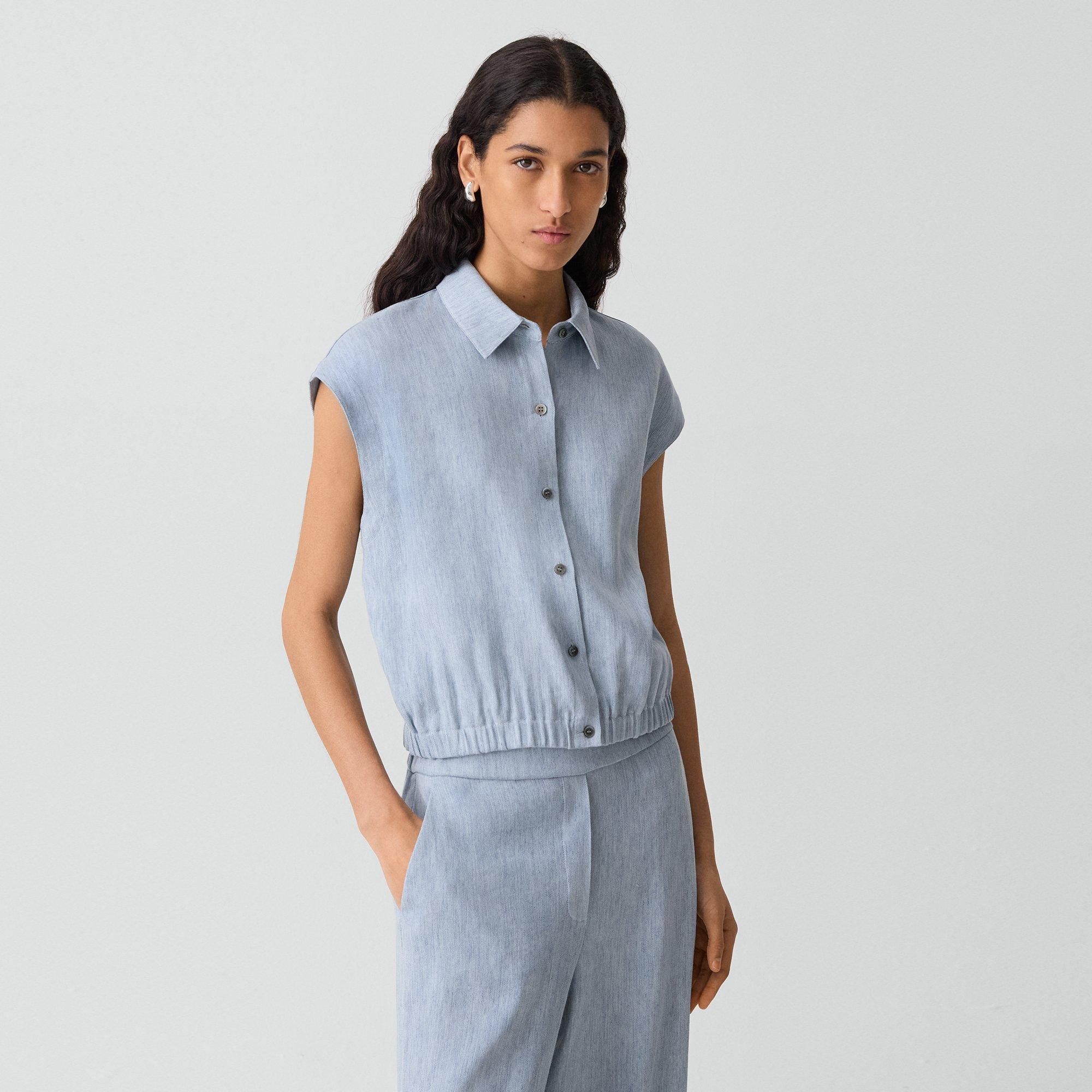 Cap-Sleeve Shirt in Fluid Linen