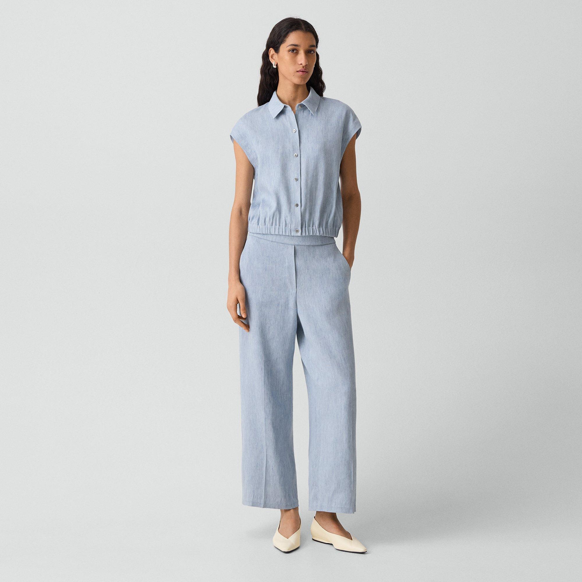 Cap-Sleeve Shirt in Fluid Linen