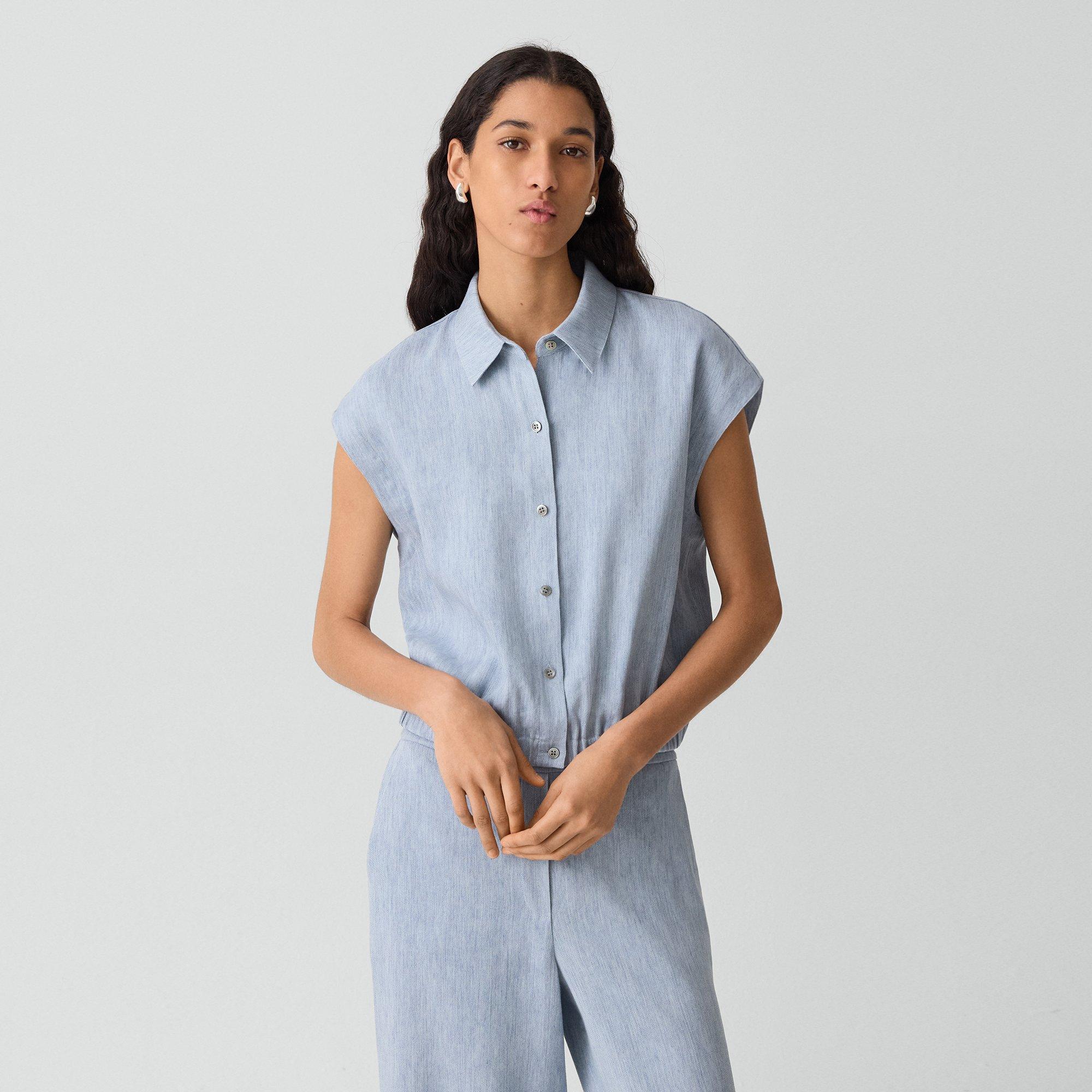 Cap-Sleeve Shirt in Fluid Linen
