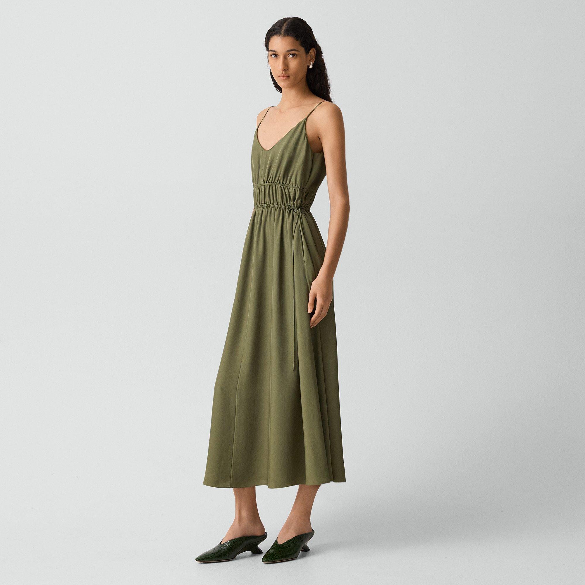 Gathered V-Neck Dress in Washed Twill