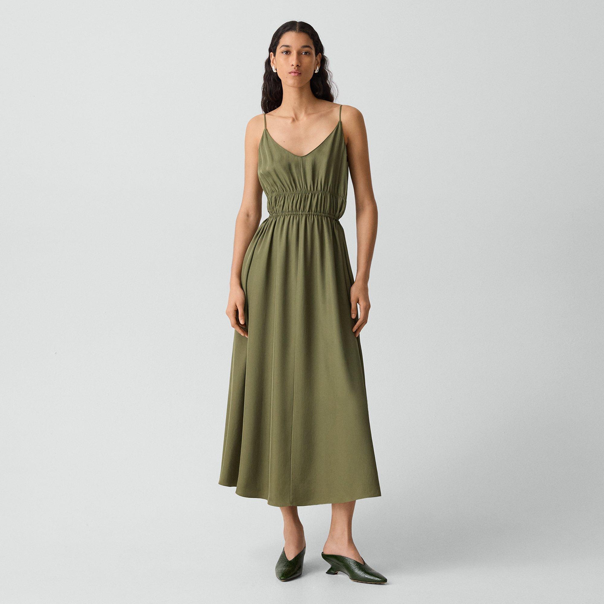 Gathered V-Neck Dress in Washed Twill