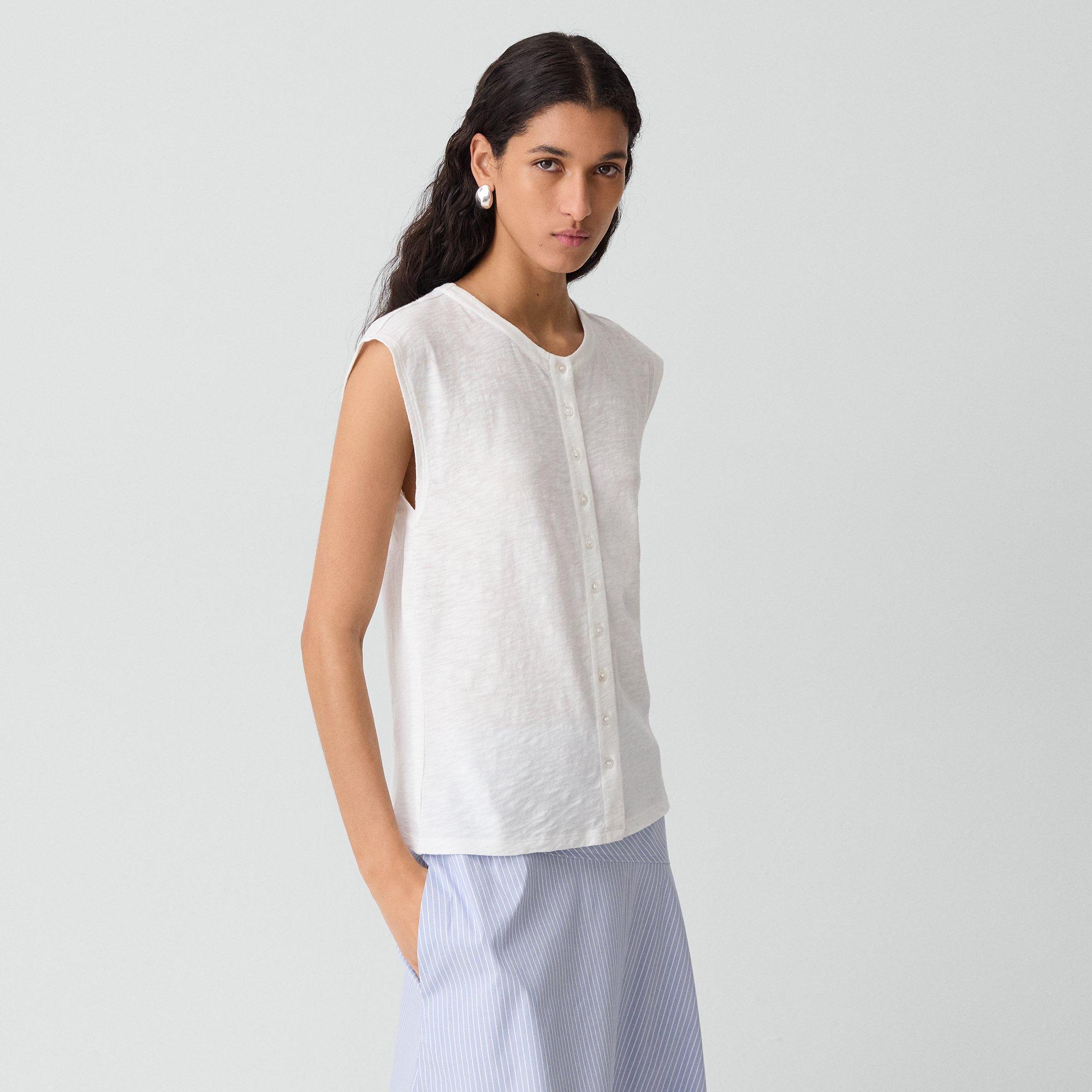 Crewneck Button-Up Top in Organic Slub Cotton