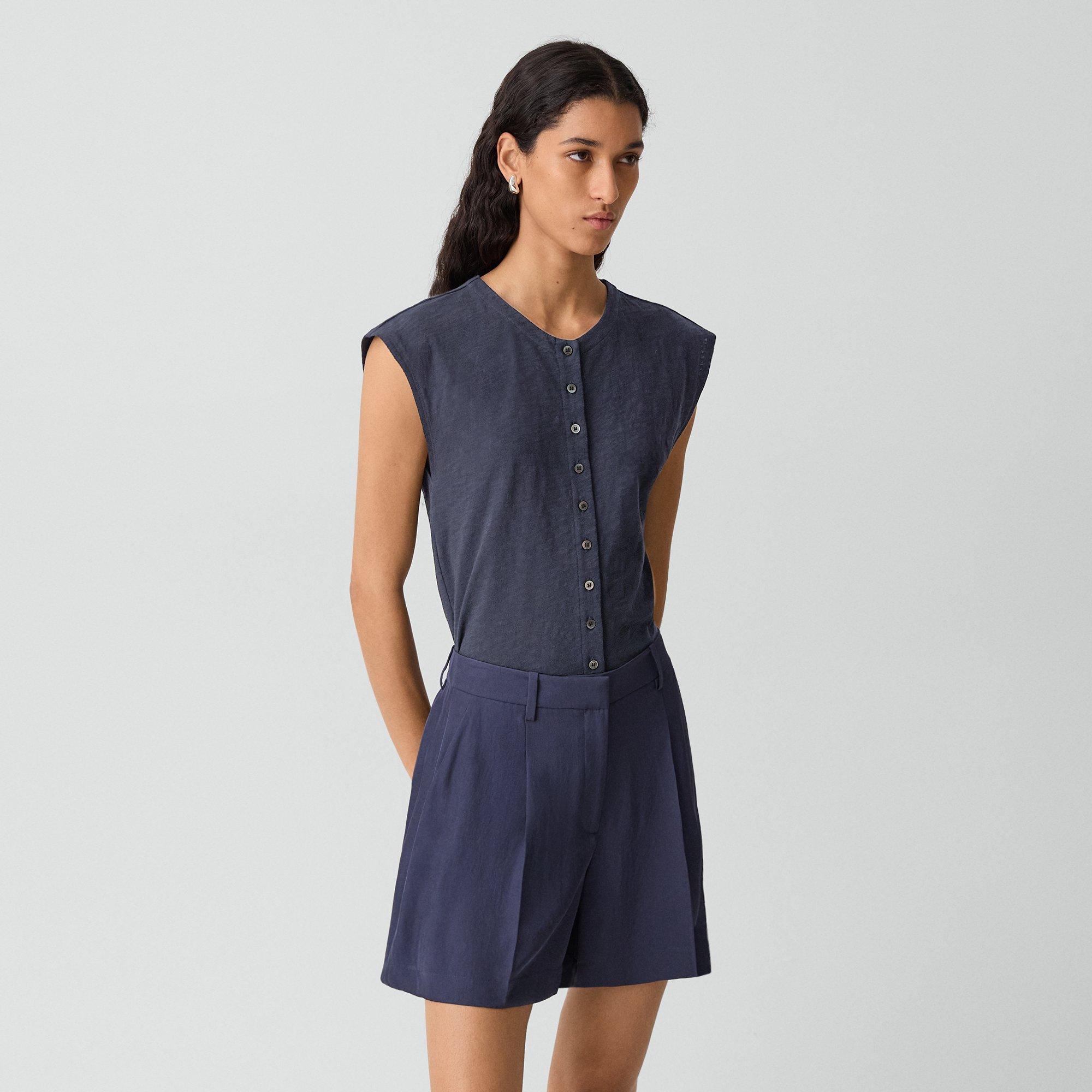 Crewneck Button-Up Top in Organic Slub Cotton