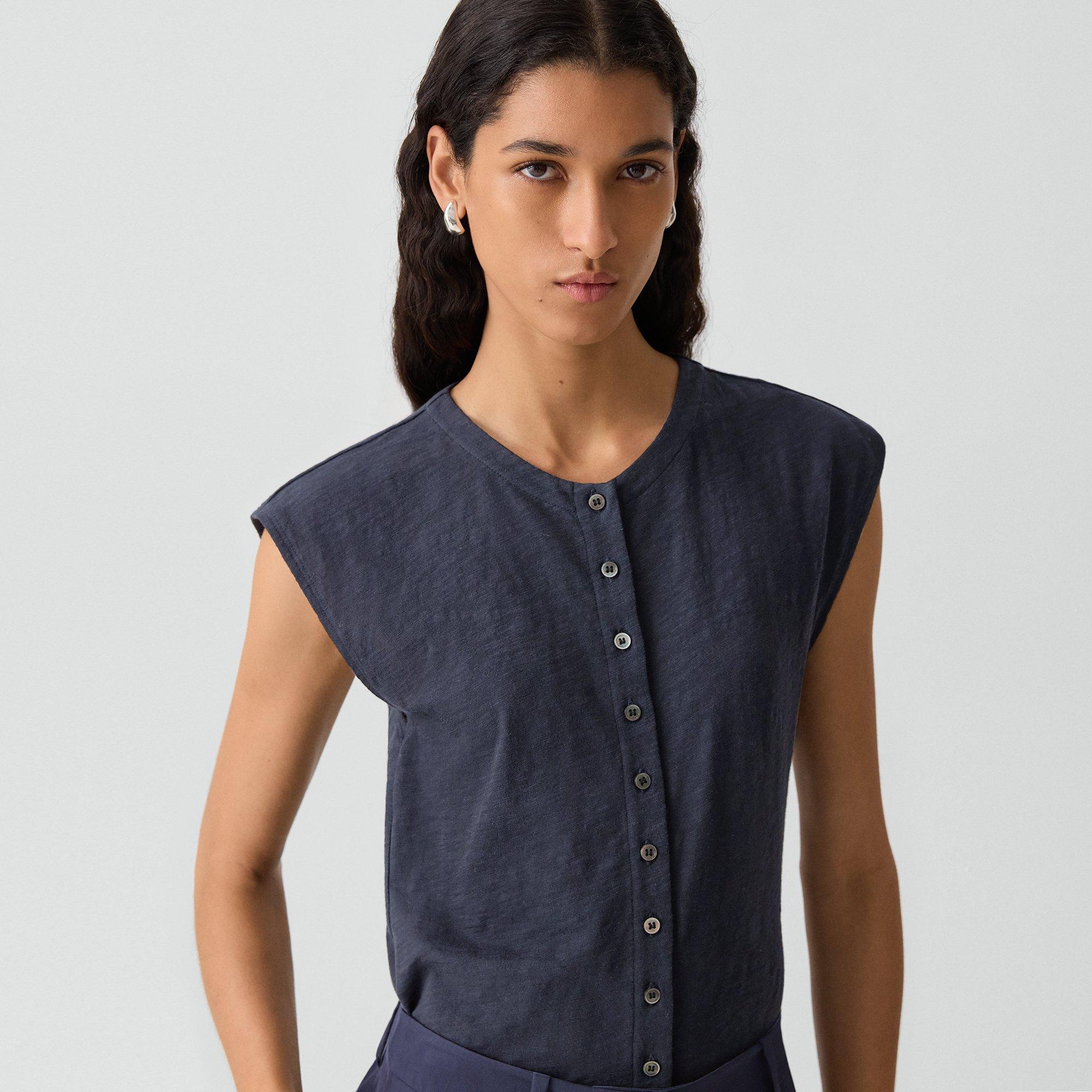 Crewneck Button-Up Top in Organic Slub Cotton
