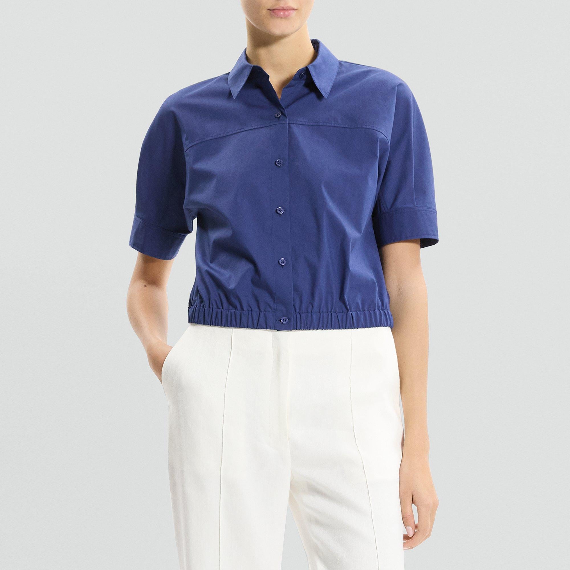 Cropped Short-Sleeve Shirt in Relaxed Poplin