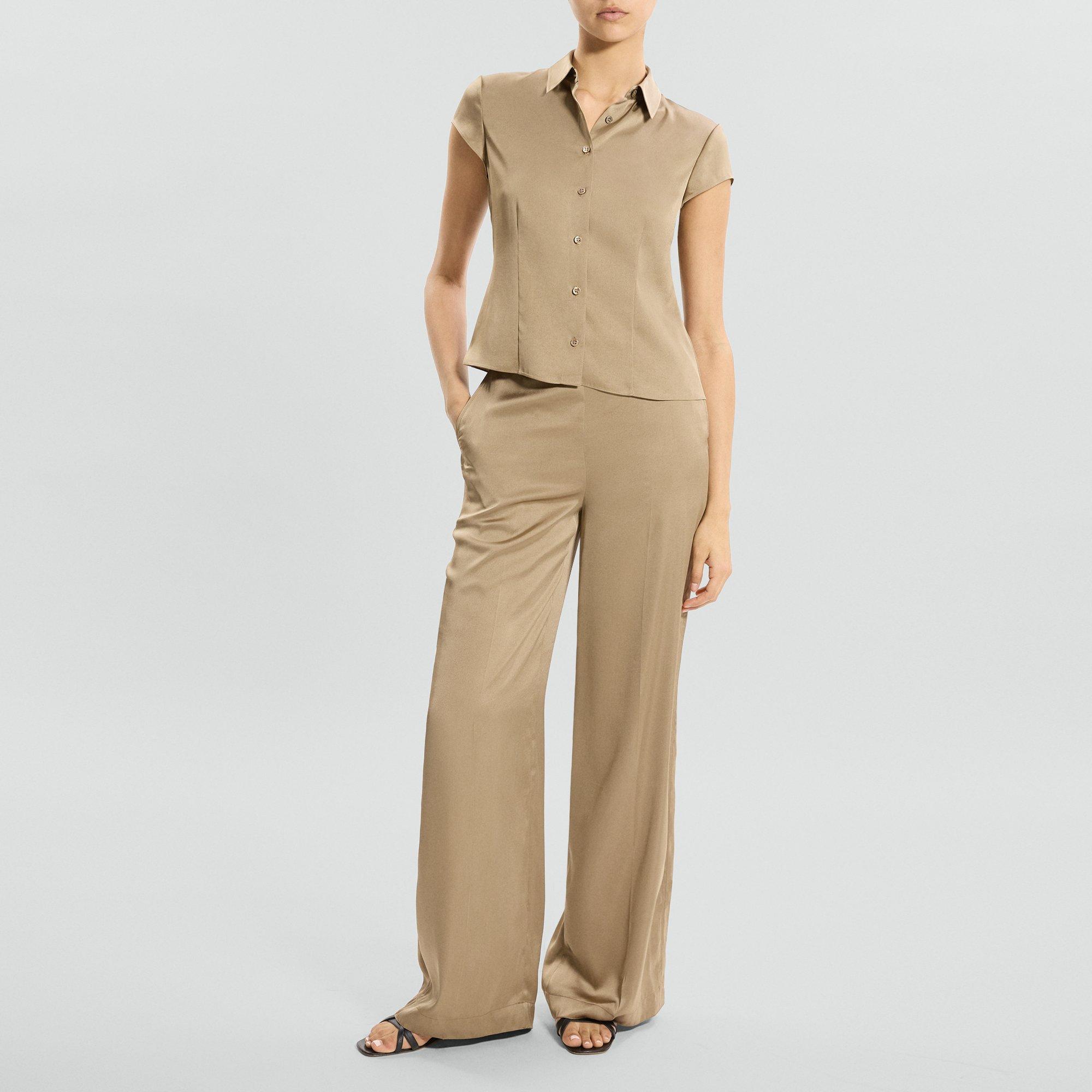 Cinched Cap-Sleeve Shirt in Crushed Satin