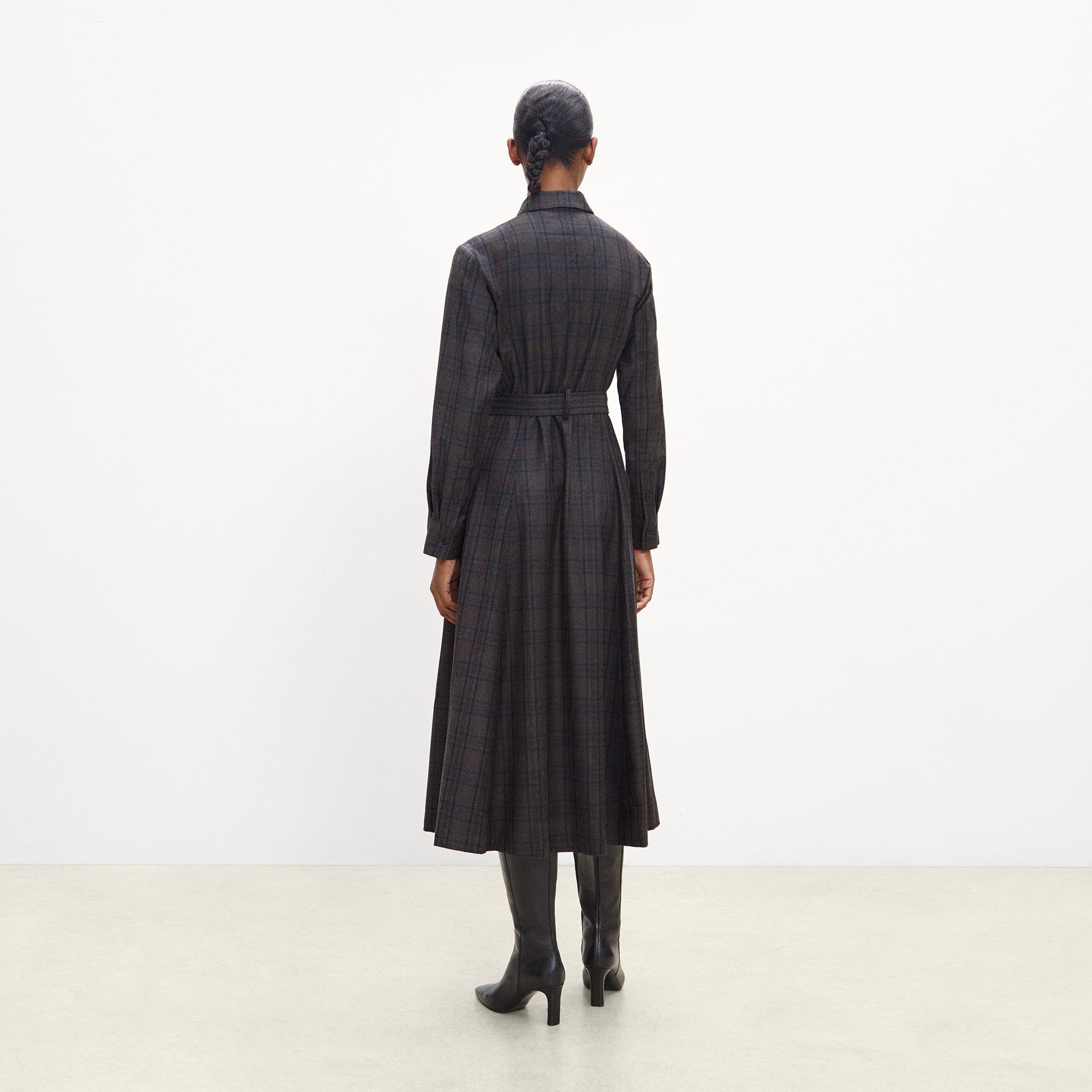 Belted Long-Sleeve Shirt Dress in Sleek Flannel