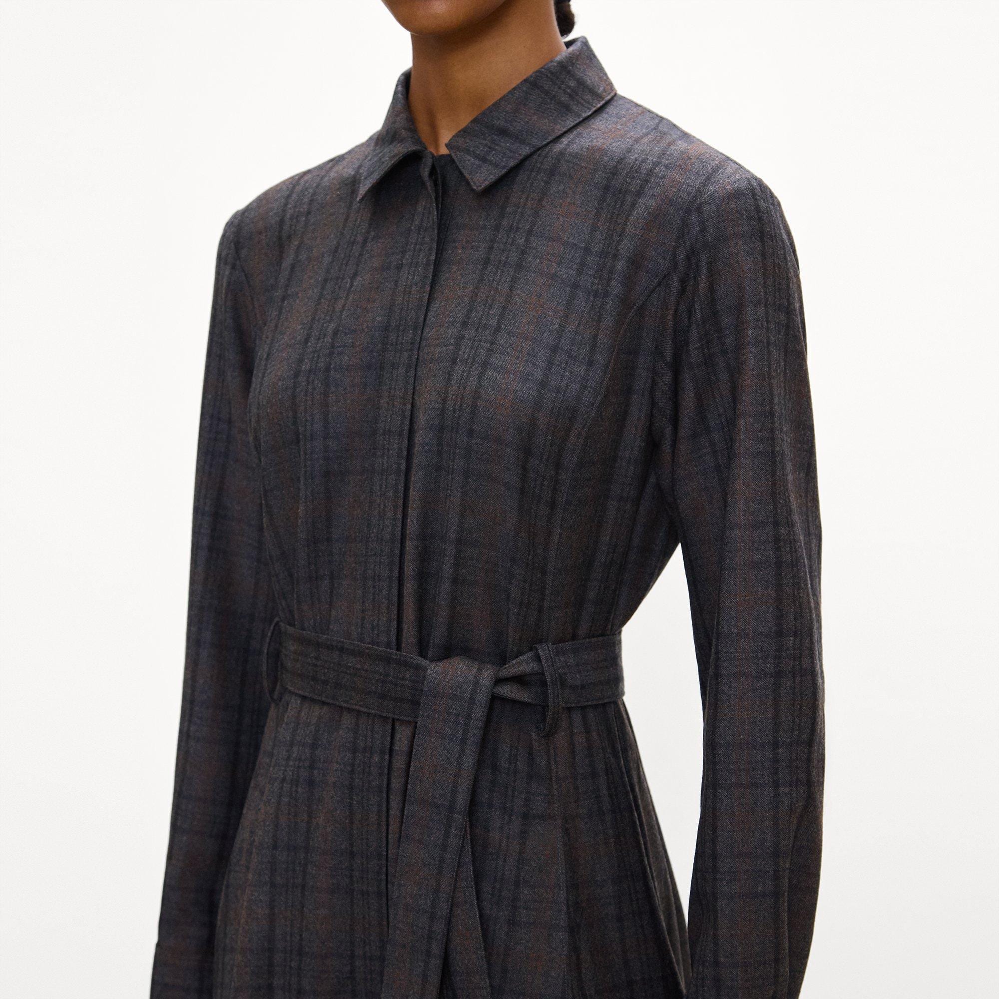 Belted Long-Sleeve Shirt Dress in Sleek Flannel