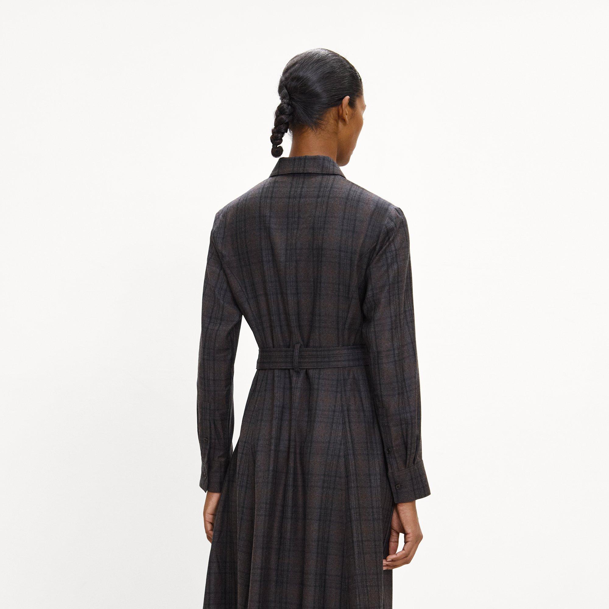 Belted Long-Sleeve Shirt Dress in Sleek Flannel