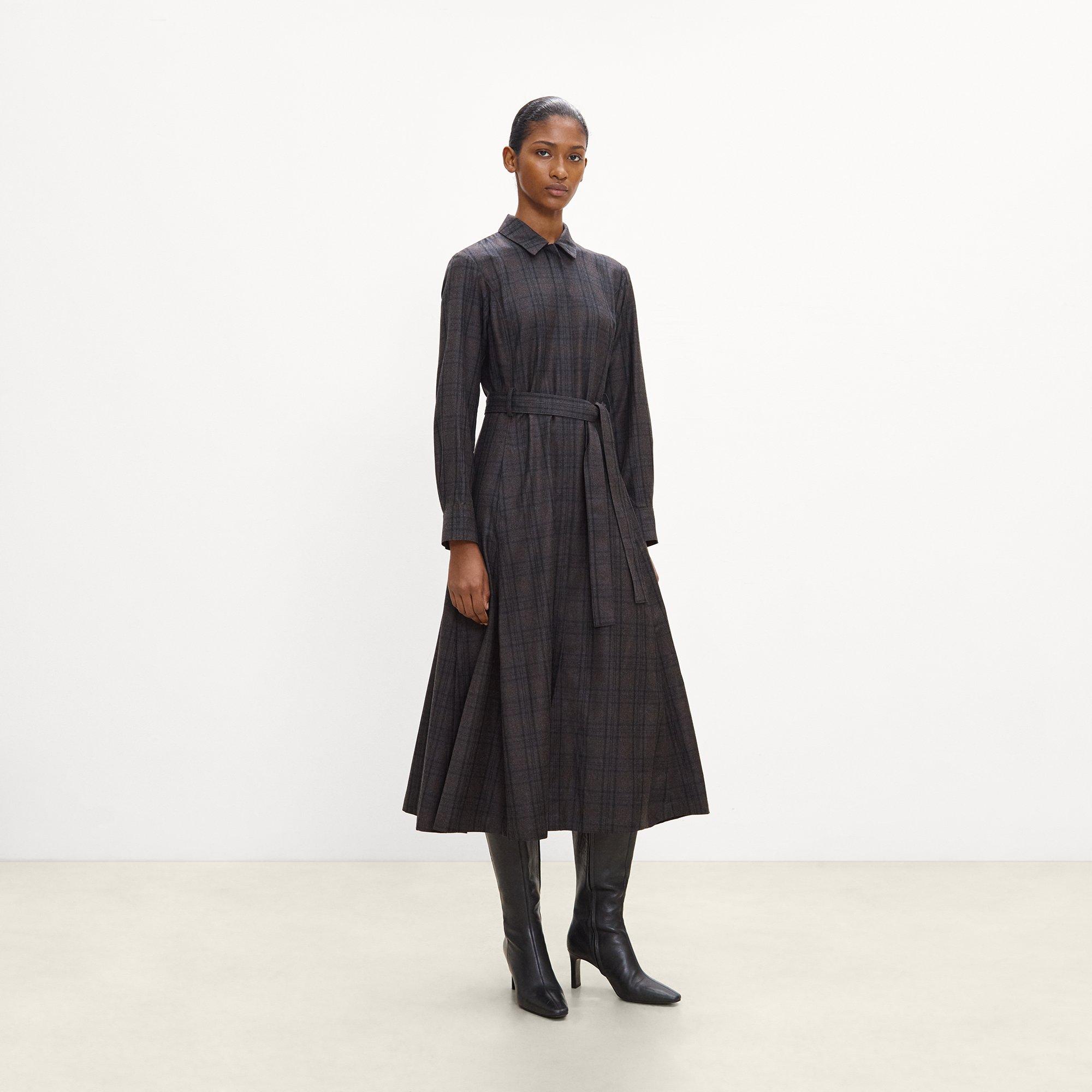 Belted Long-Sleeve Shirt Dress in Sleek Flannel