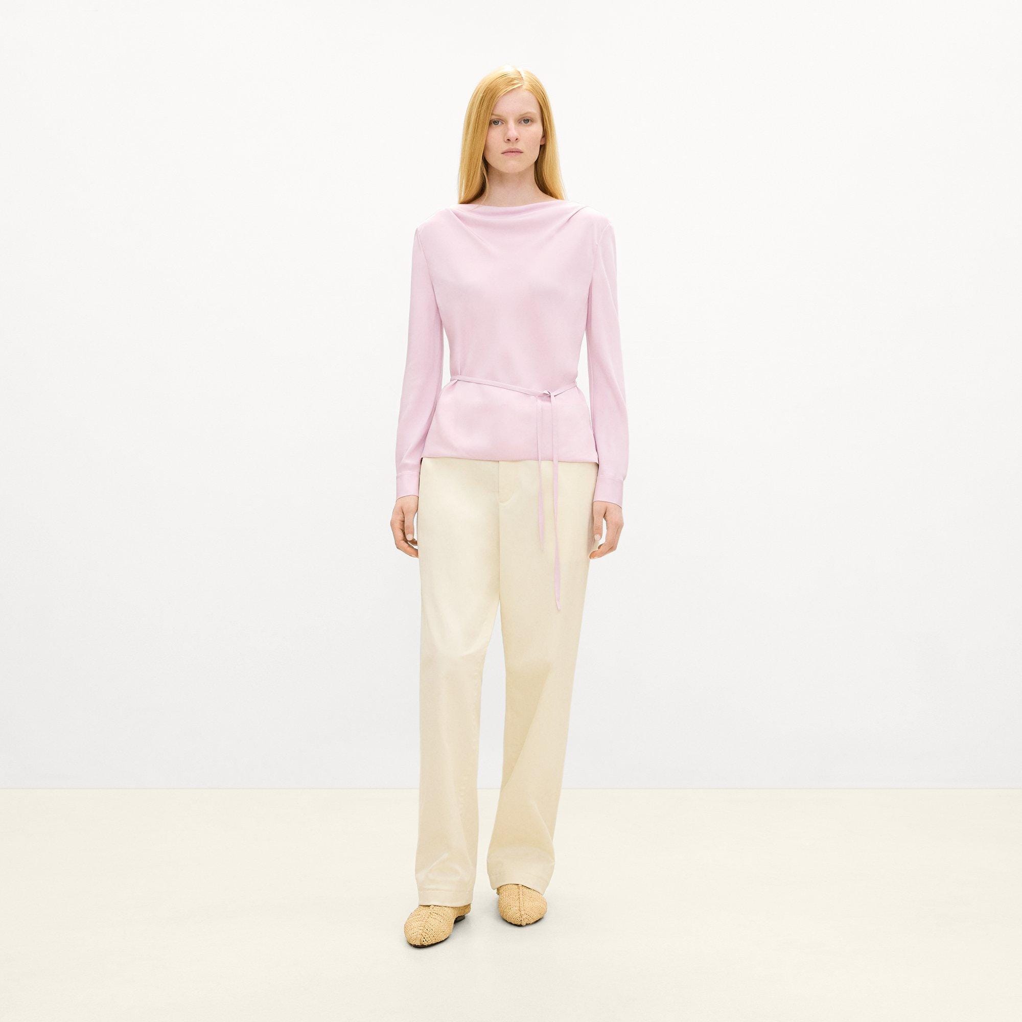 Cowl Neck Long-Sleeve Blouse in Washable Silk Georgette