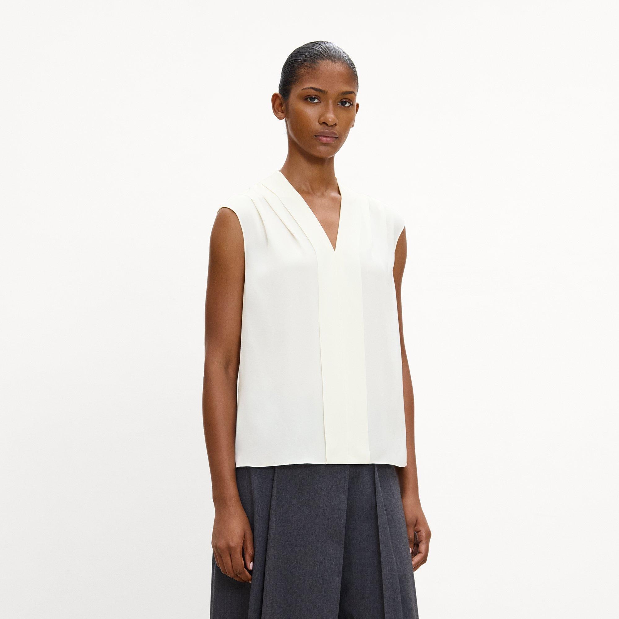 Pleated V-Neck Shell Top in Silk Georgette