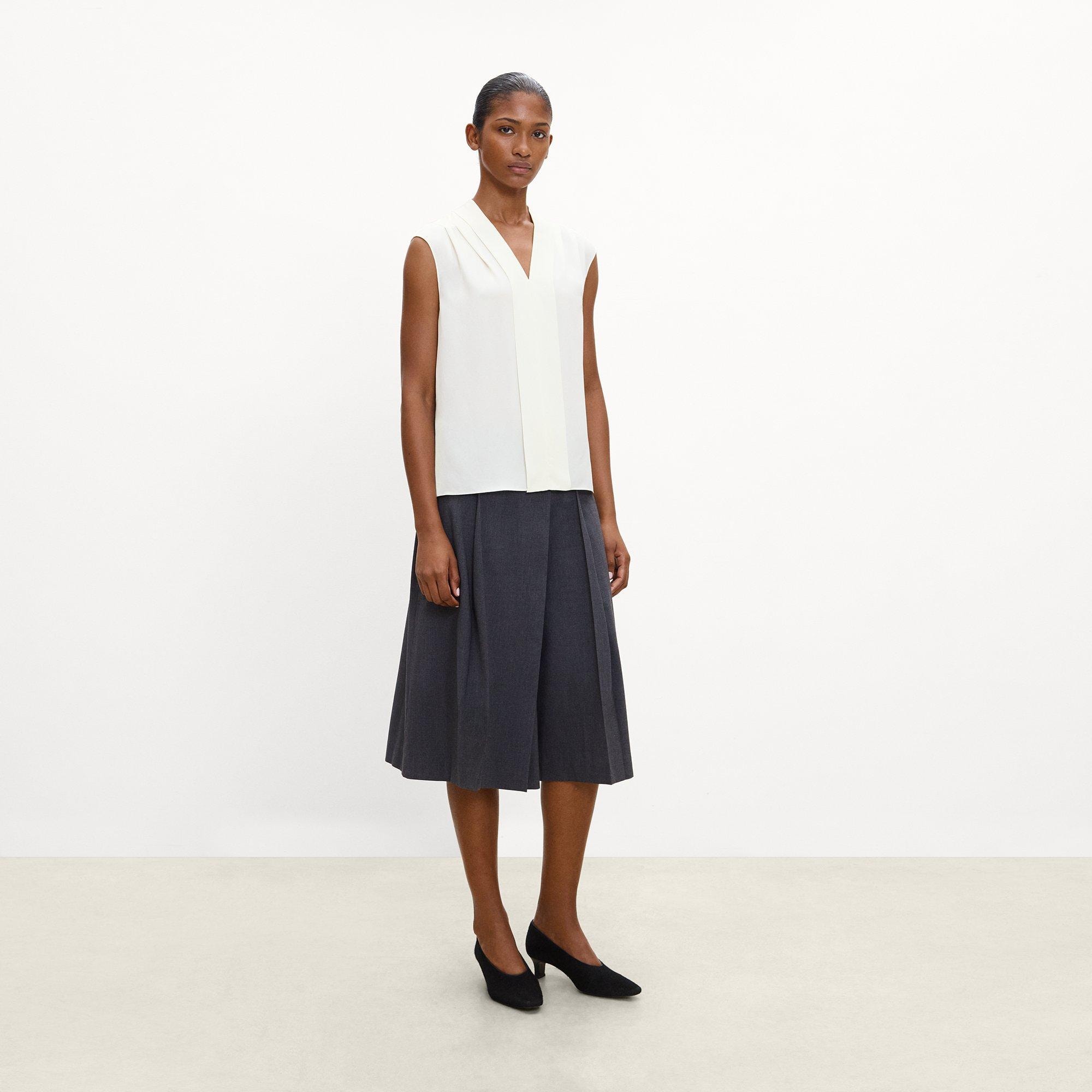Pleated V-Neck Shell Top in Silk Georgette