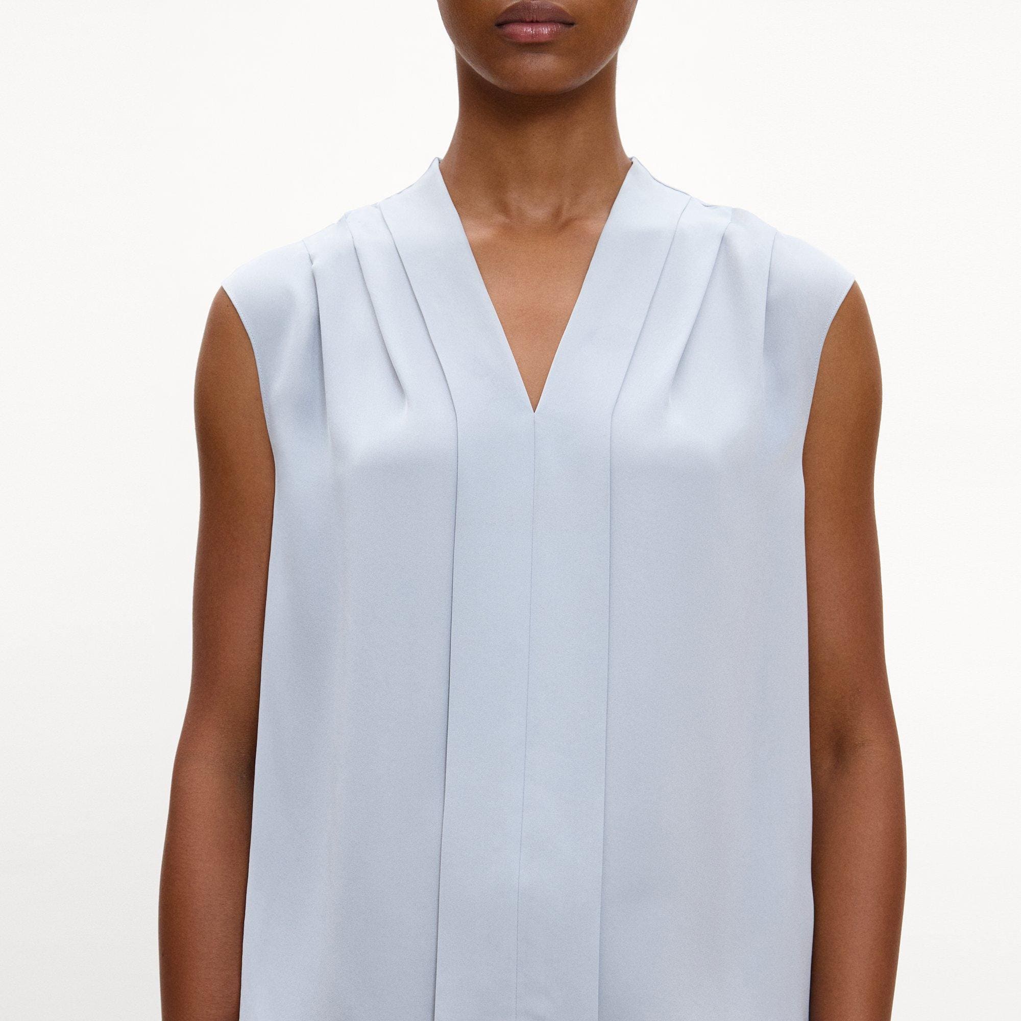 Pleated V-Neck Shell Top in Silk Georgette