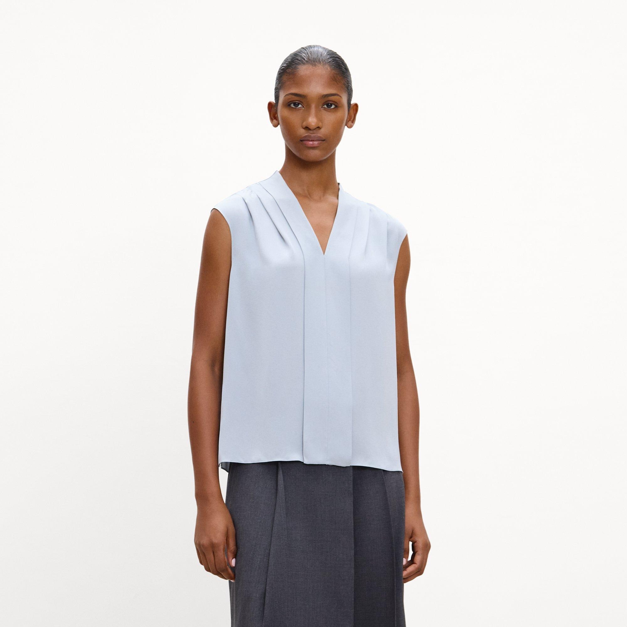 Pleated V-Neck Shell Top in Silk Georgette
