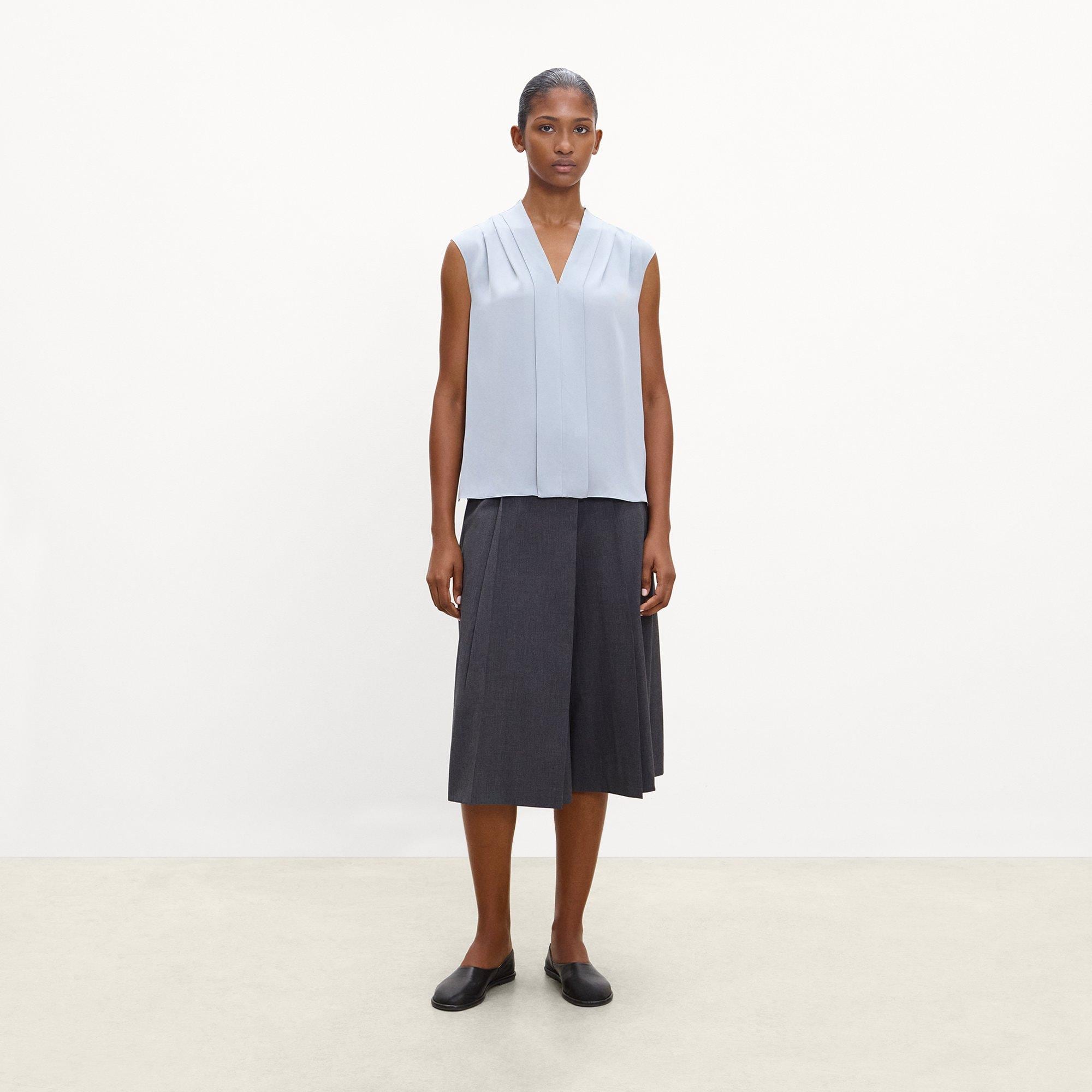 Pleated V-Neck Shell Top in Silk Georgette