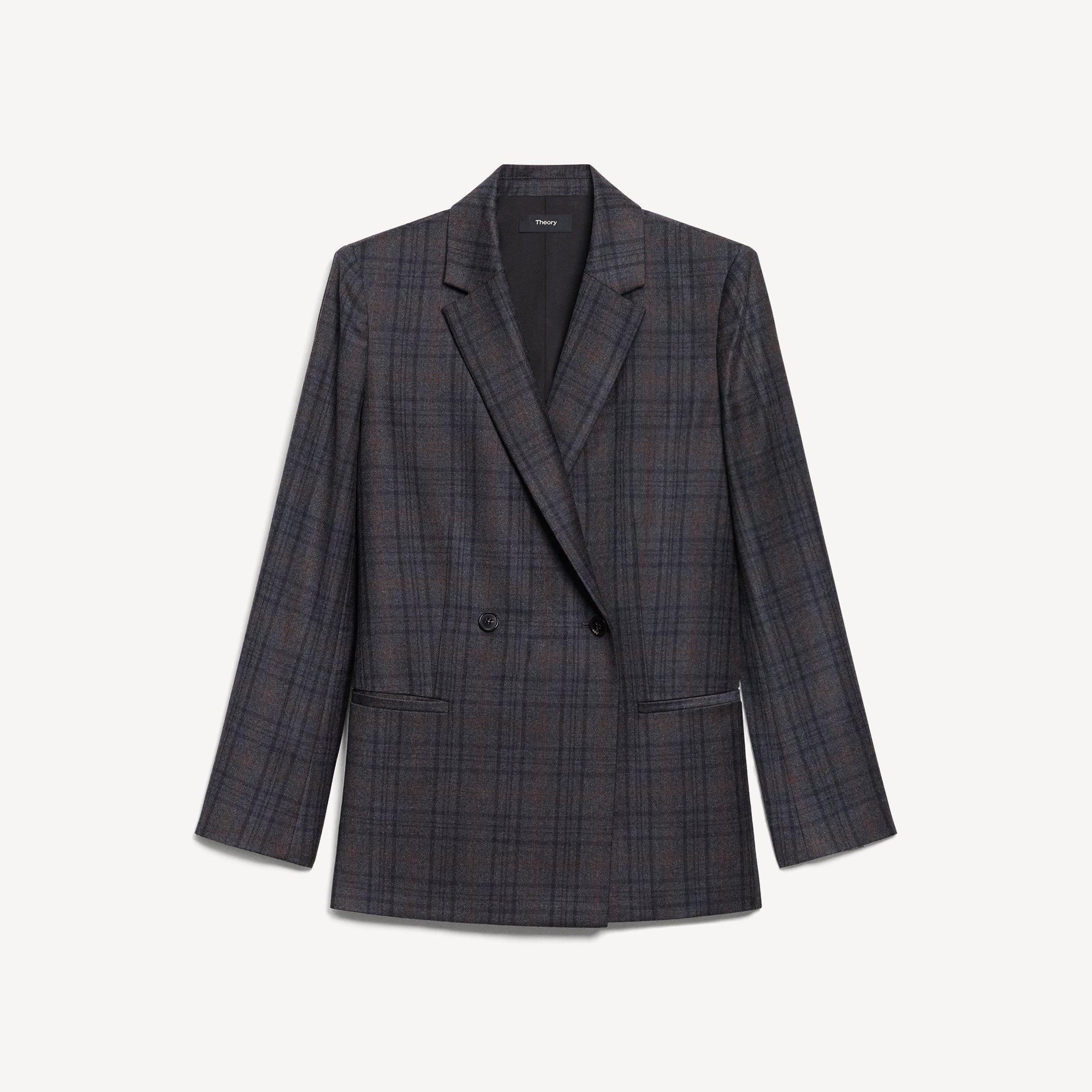 Relaxed Double-Breasted Blazer in Plaid Sleek Flannel