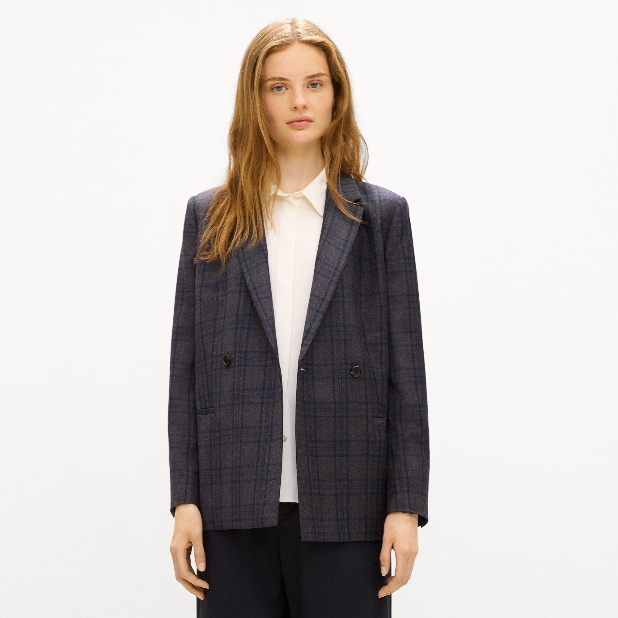 Relaxed Double-Breasted Blazer in Plaid Sleek Flannel